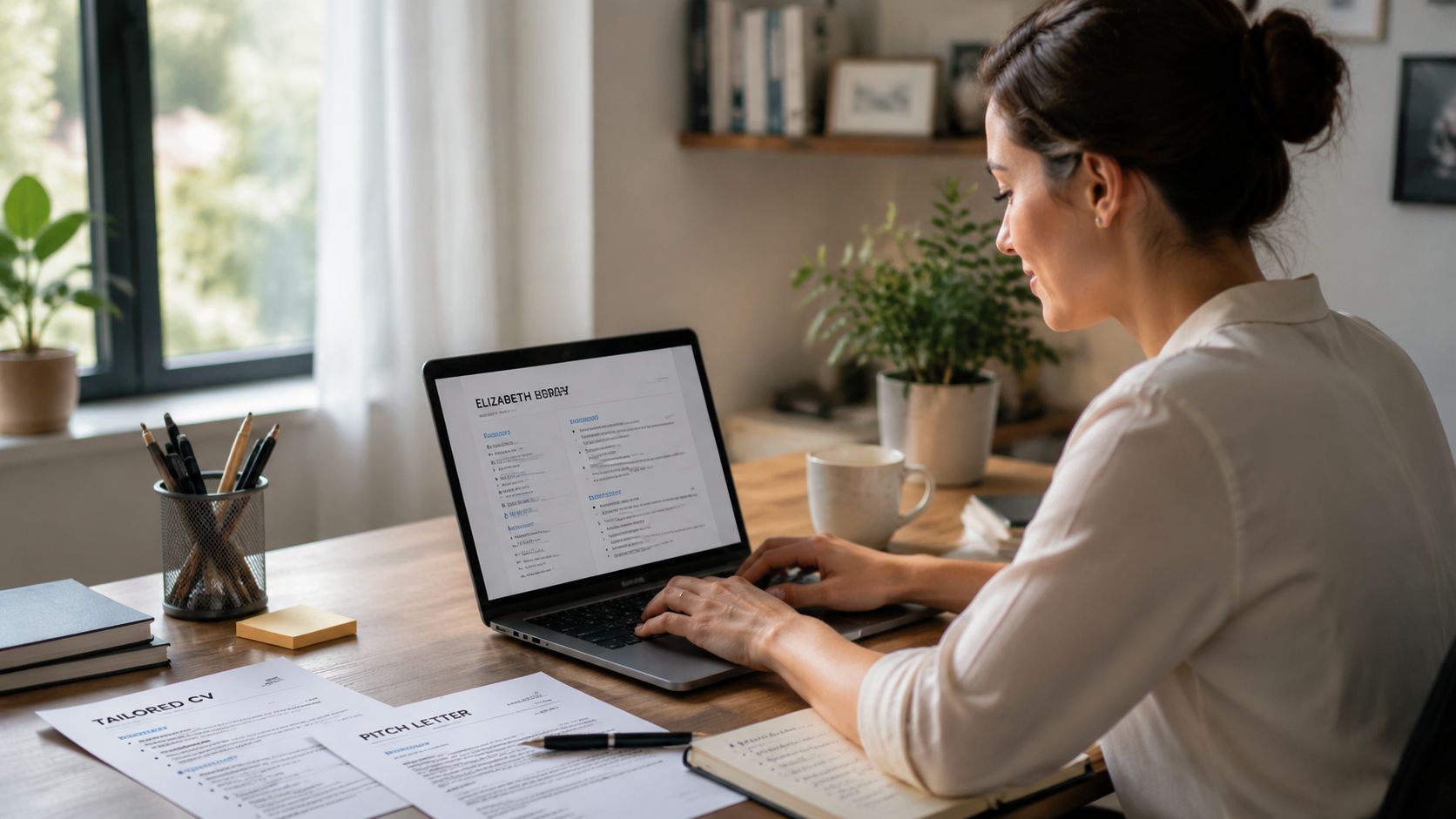 A professional woman working on her laptop to prepare a tailored CV and pitch letter for job hunting.