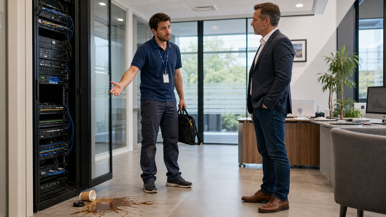 A technician gestures toward a spilled coffee near a server rack while talking to a business owner.