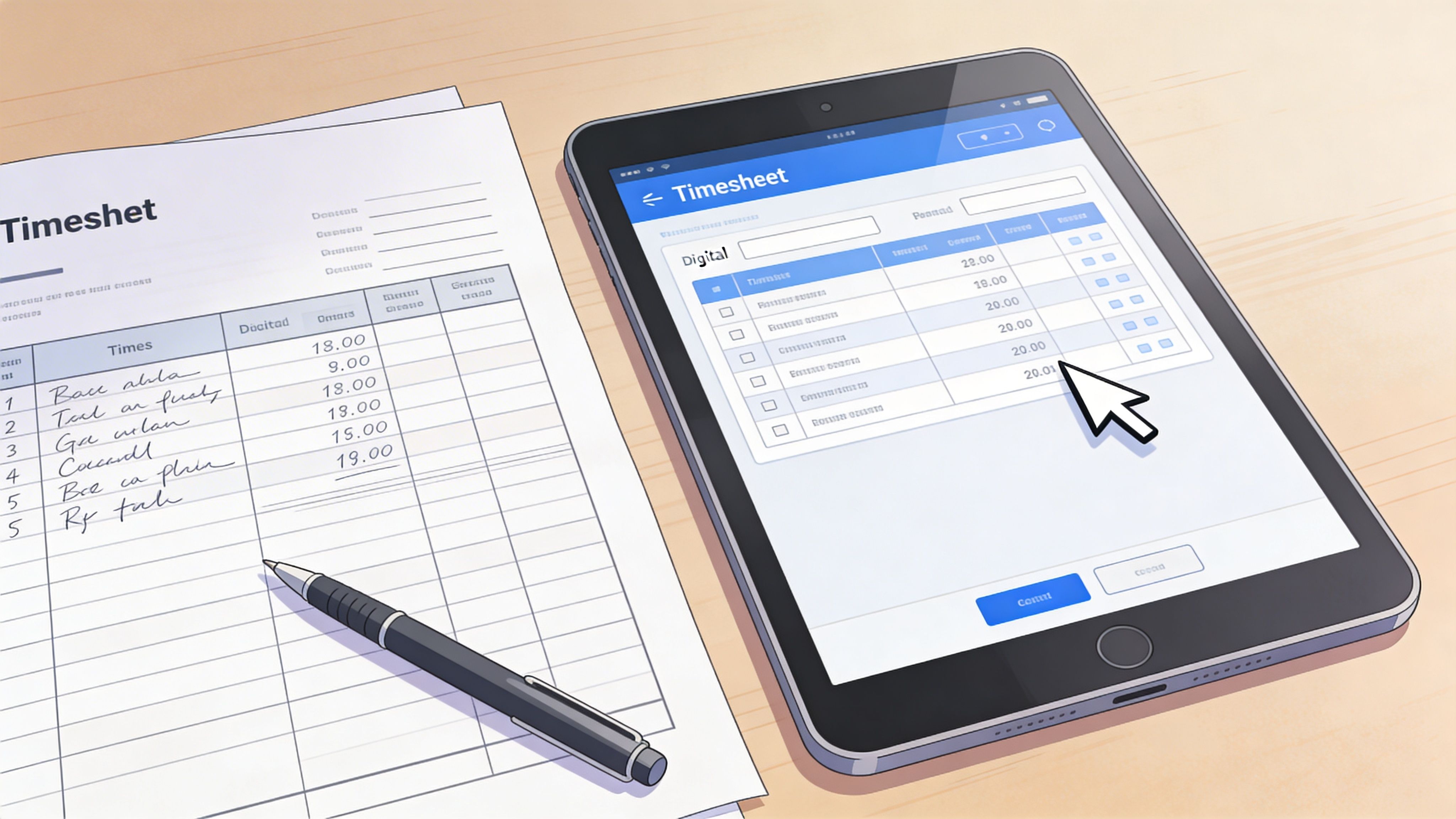 A digital tablet displaying a timesheet app next to a paper timesheet form and a pen.
