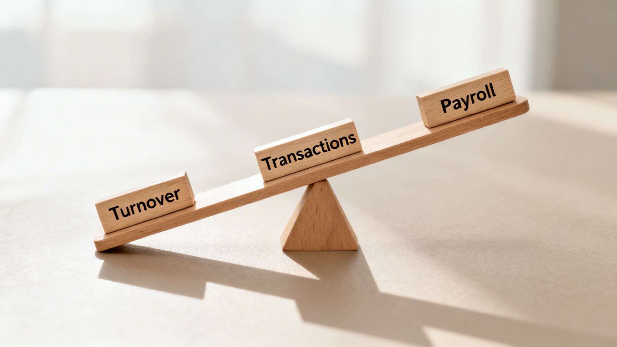 Wooden seesaw balancing blocks labeled 'Turnover', 'Transactions', and 'Payroll', representing financial concepts.