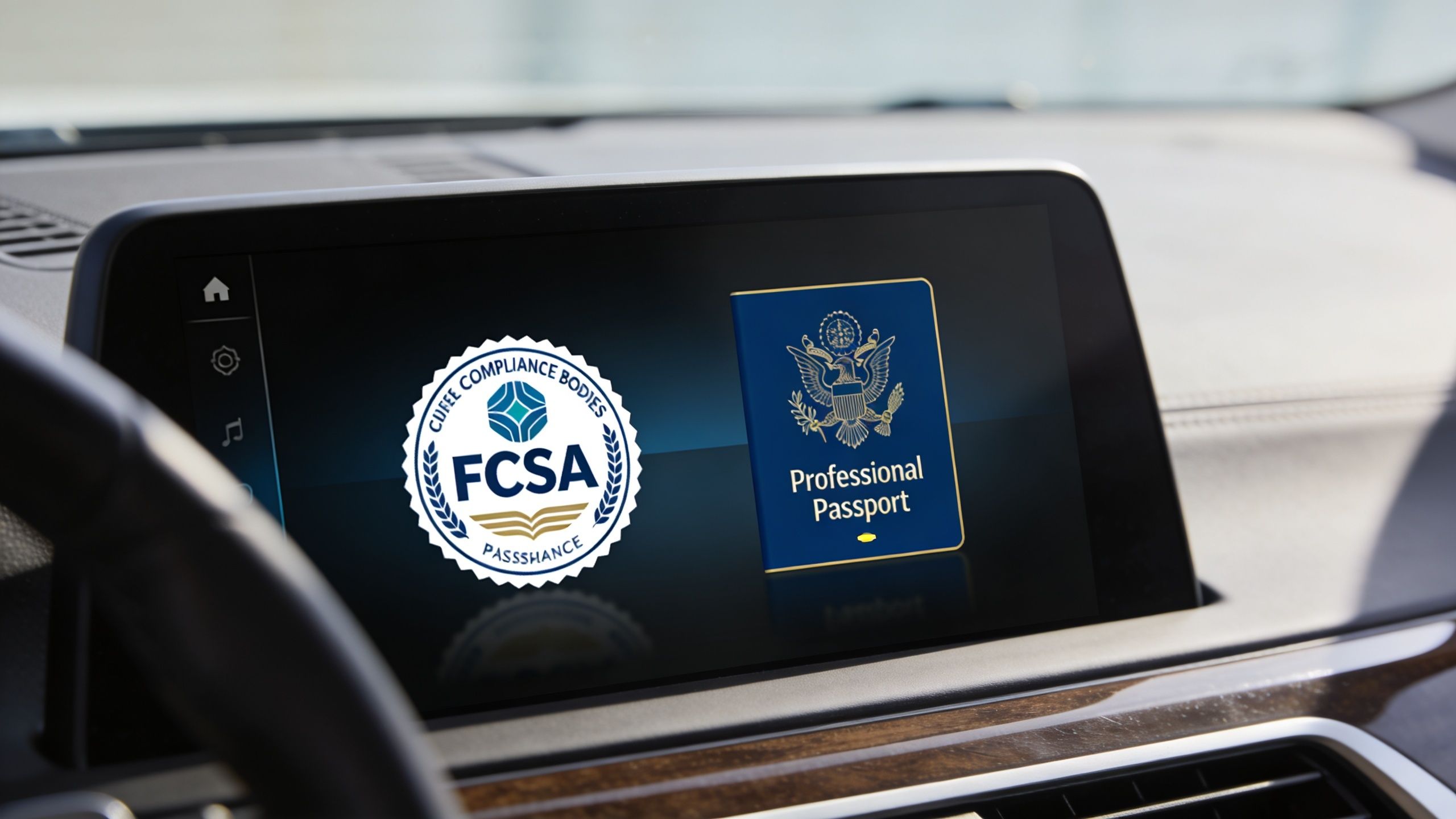 A car dashboard infotainment screen displaying a FCSA compliance badge and a Professional Passport document icon.
