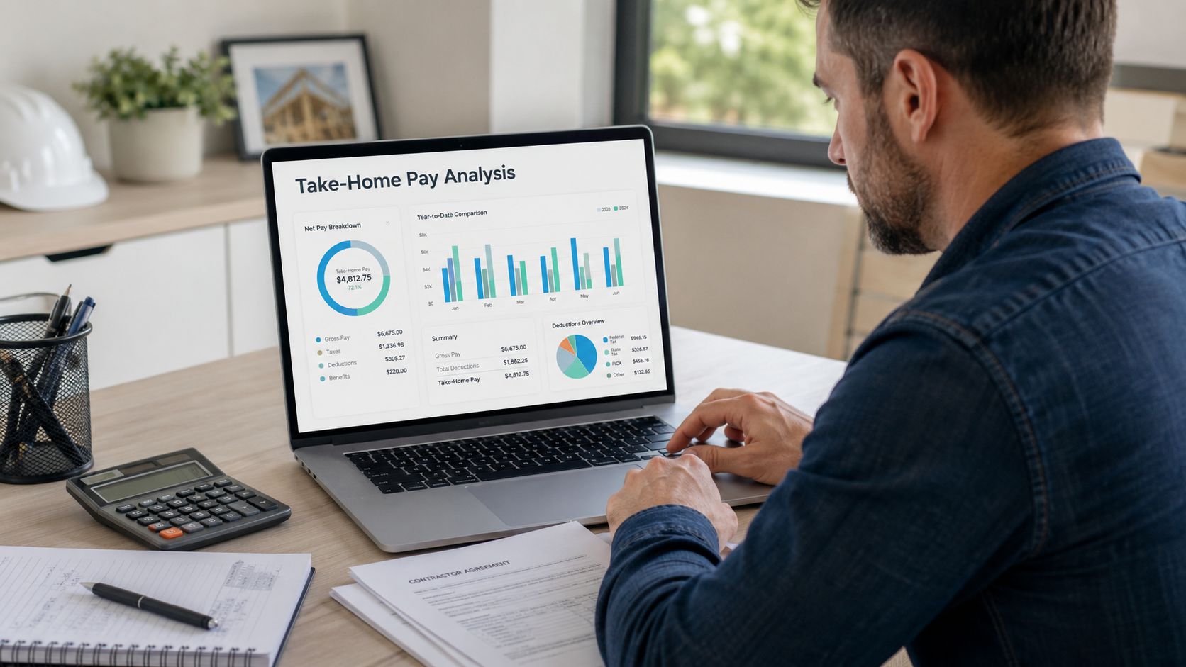 A professional man reviewing his paystream umbrella company take-home pay analysis on a laptop computer screen.