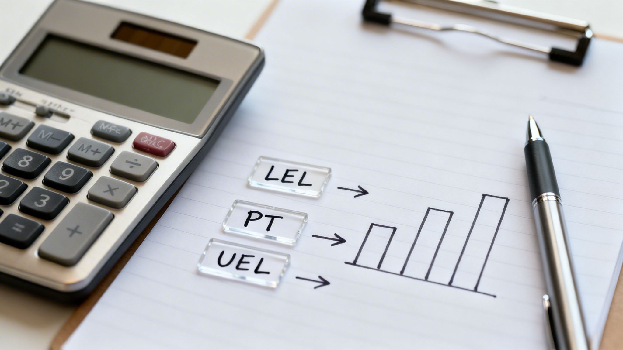 Calculator, pen, and notepad displaying LEL, PT, UEL thresholds with arrows pointing to a bar chart.