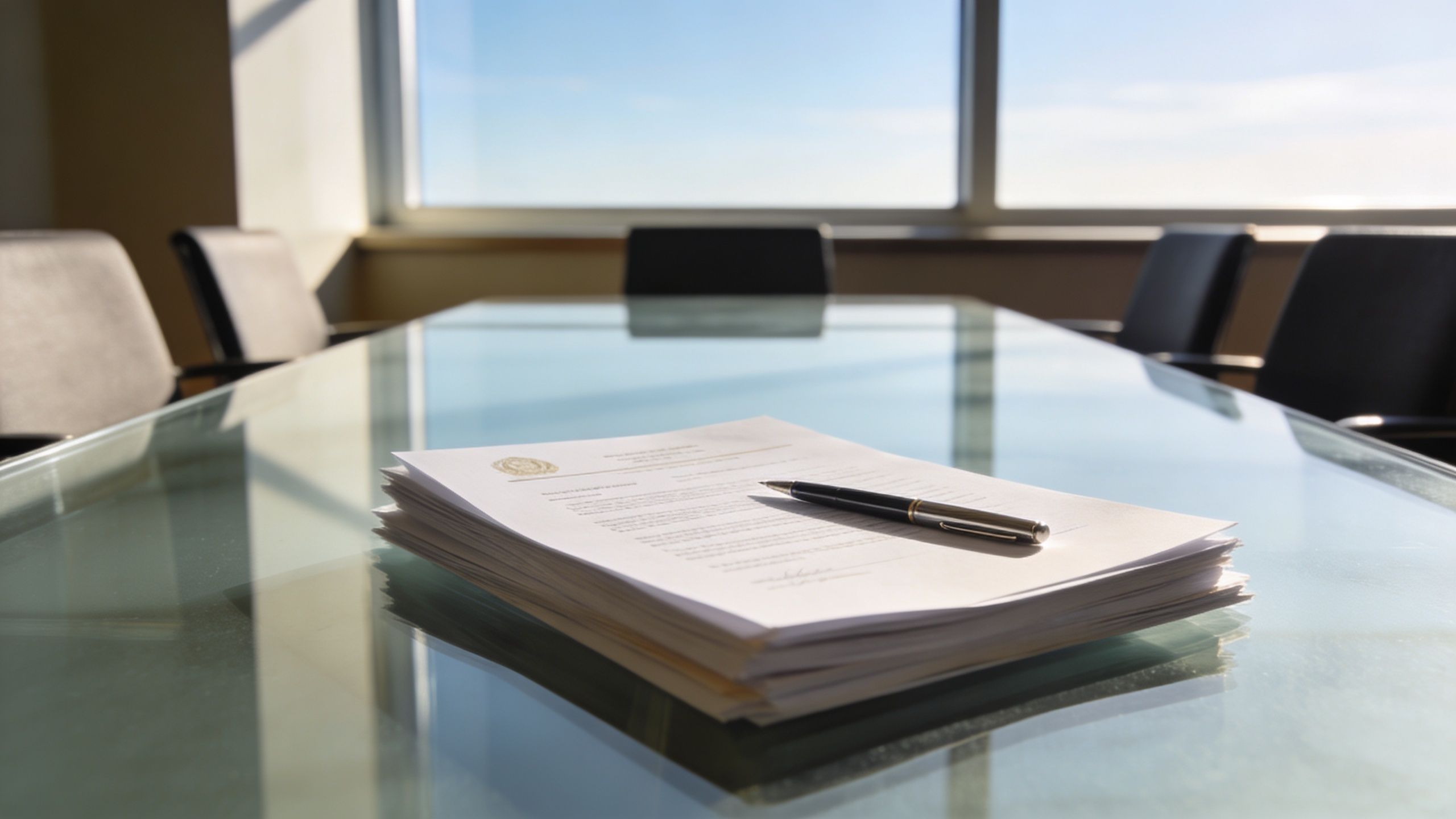 A stack of legal documents and a pen on a glass office table in a conference room