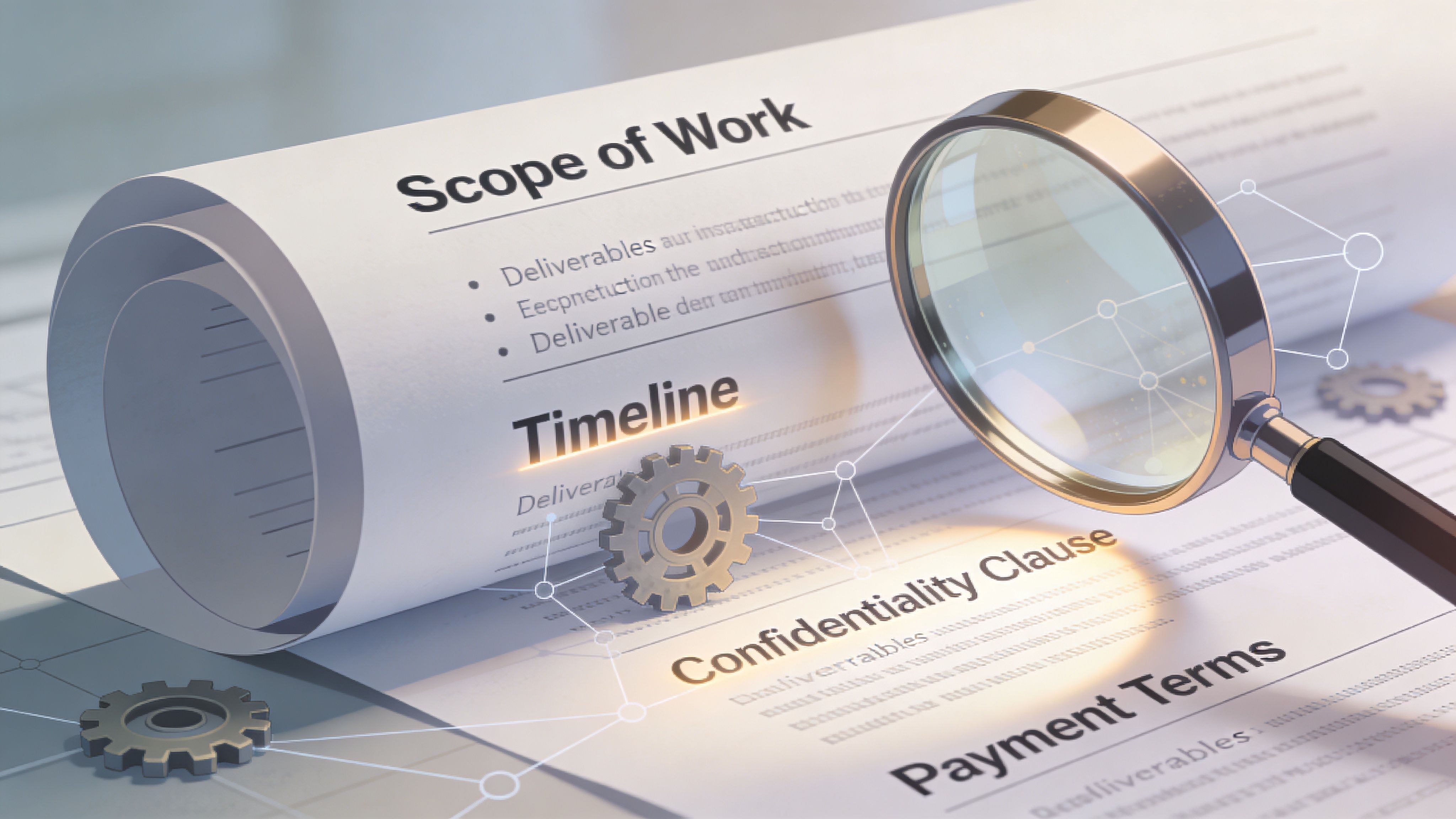 A magnifying glass inspecting a project management contract document on a desk with abstract gears and lines.