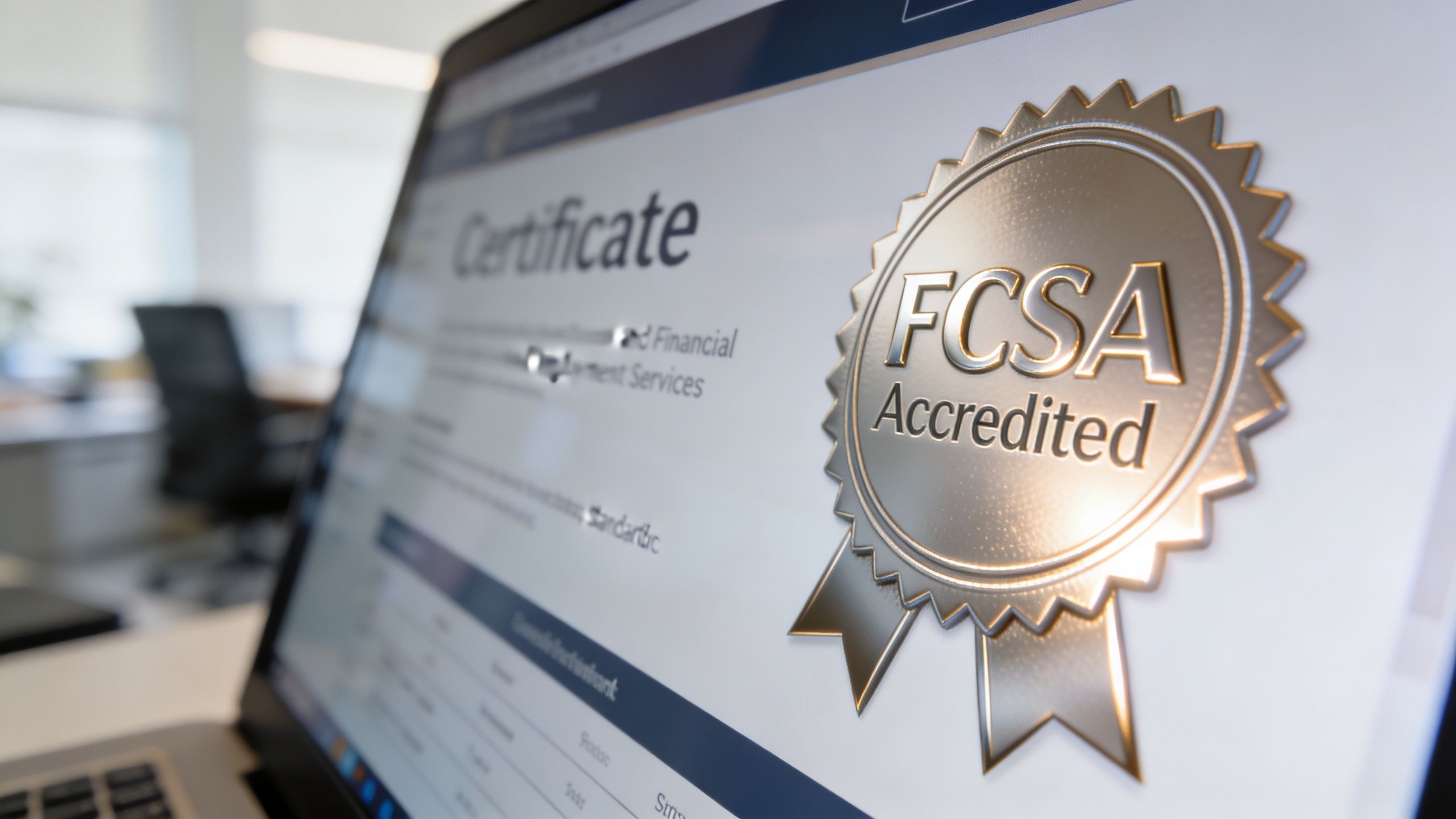 A close-up view on a laptop screen displaying an FCSA Accredited certification document for financial services.