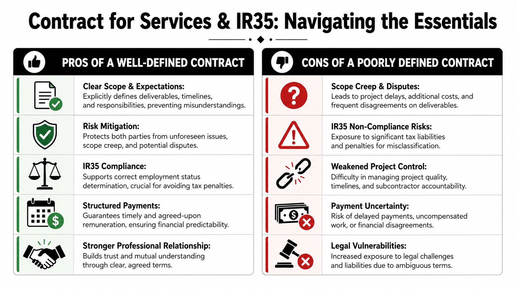 An infographic comparing the pros and cons of well-defined and poorly defined contracts for services and IR35 compliance.