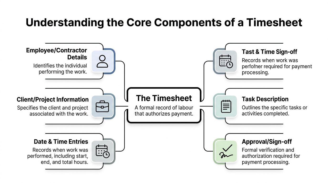 A diagram outlining the six core components that make up a professional timesheet for payment authorization.