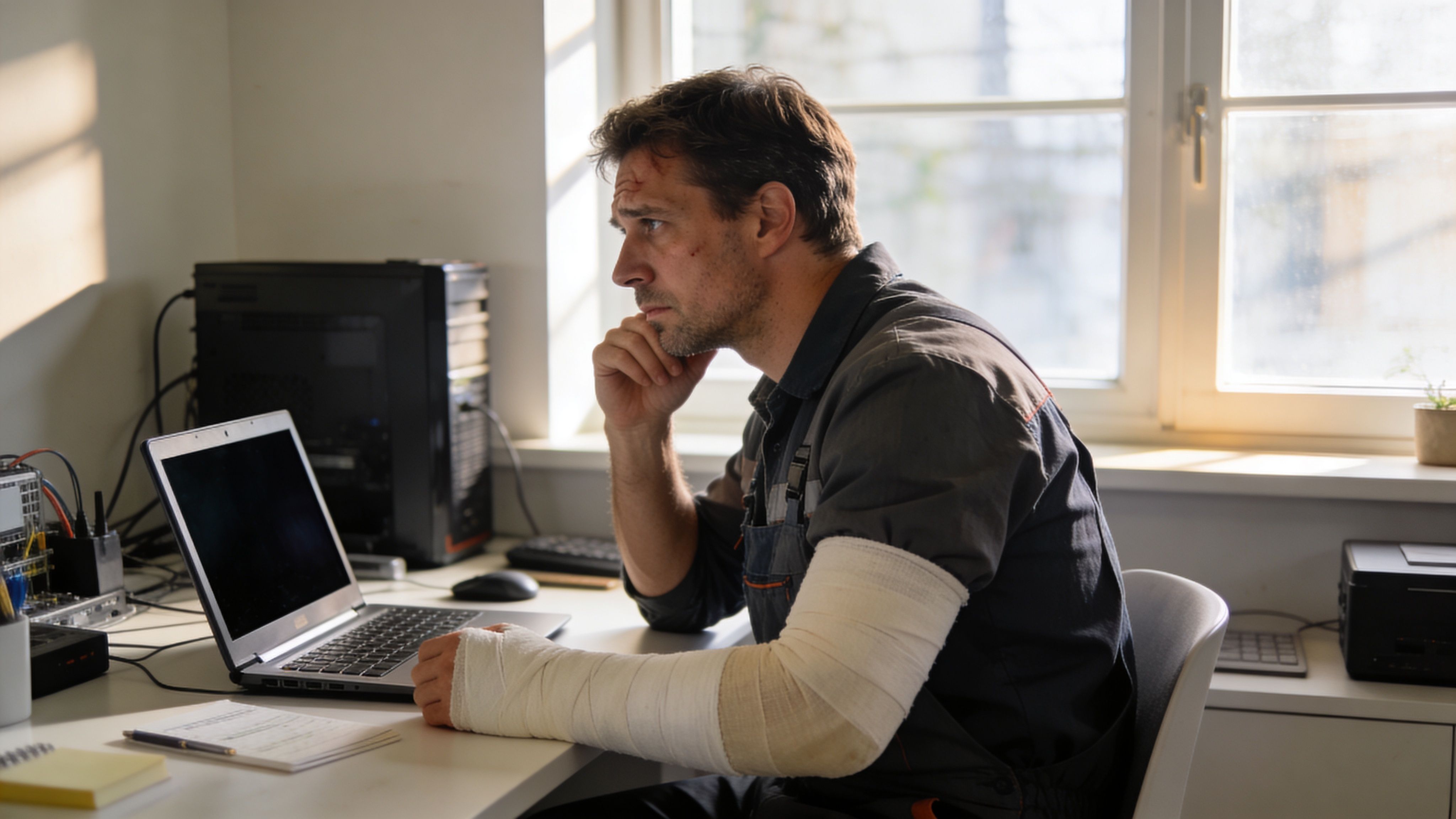 A man with an injured, bandaged arm sitting at his desk working on a laptop computer.