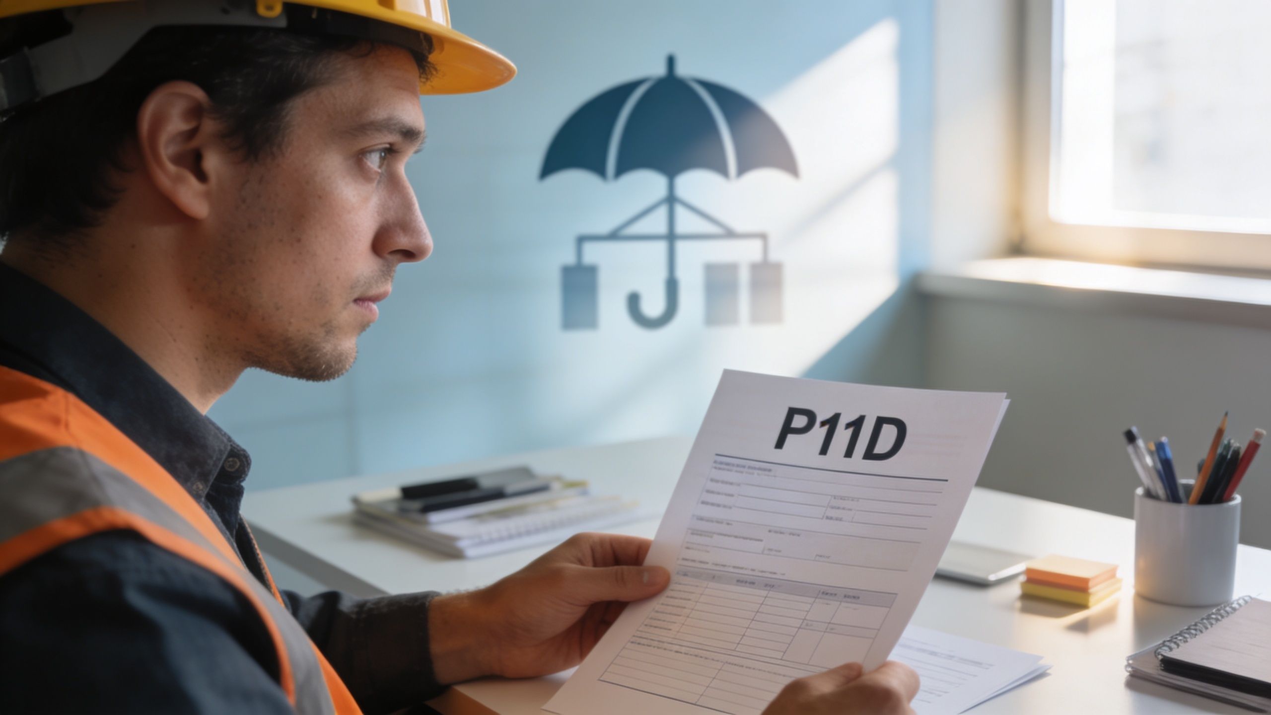 A construction worker in a hard hat reviewing a P11D tax form document at a desk.