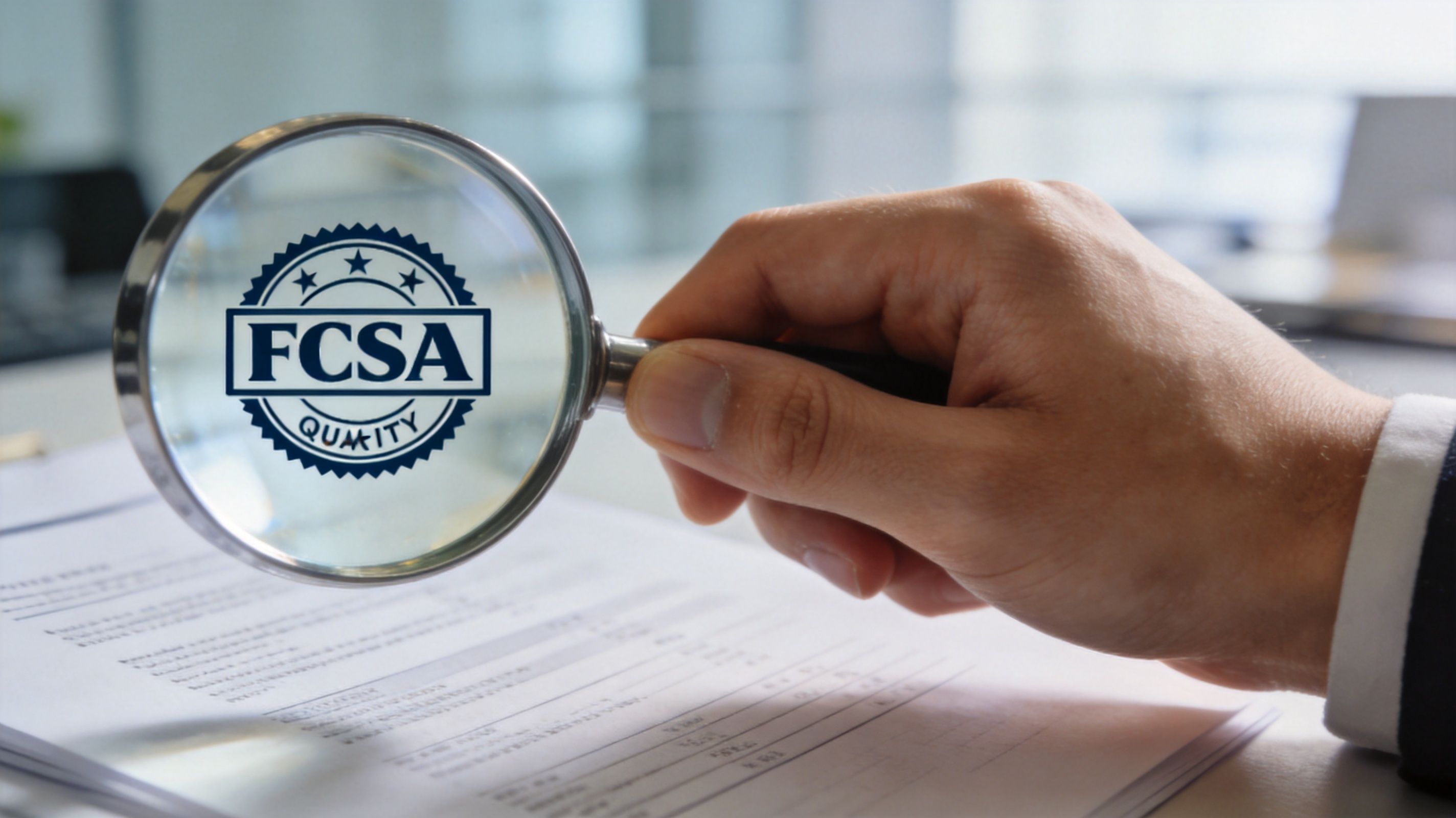 A hand holding a magnifying glass over a document featuring an FCSA quality assurance stamp logo.