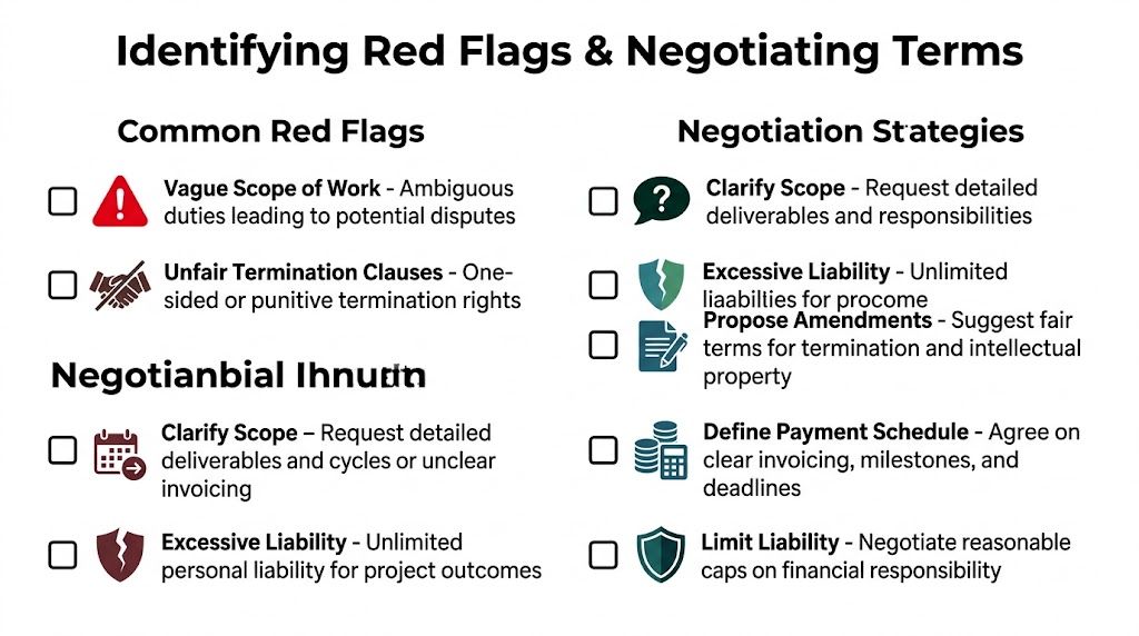 A checklist infographic titled Identifying Red Flags and Negotiating Terms for professional project management contracts.