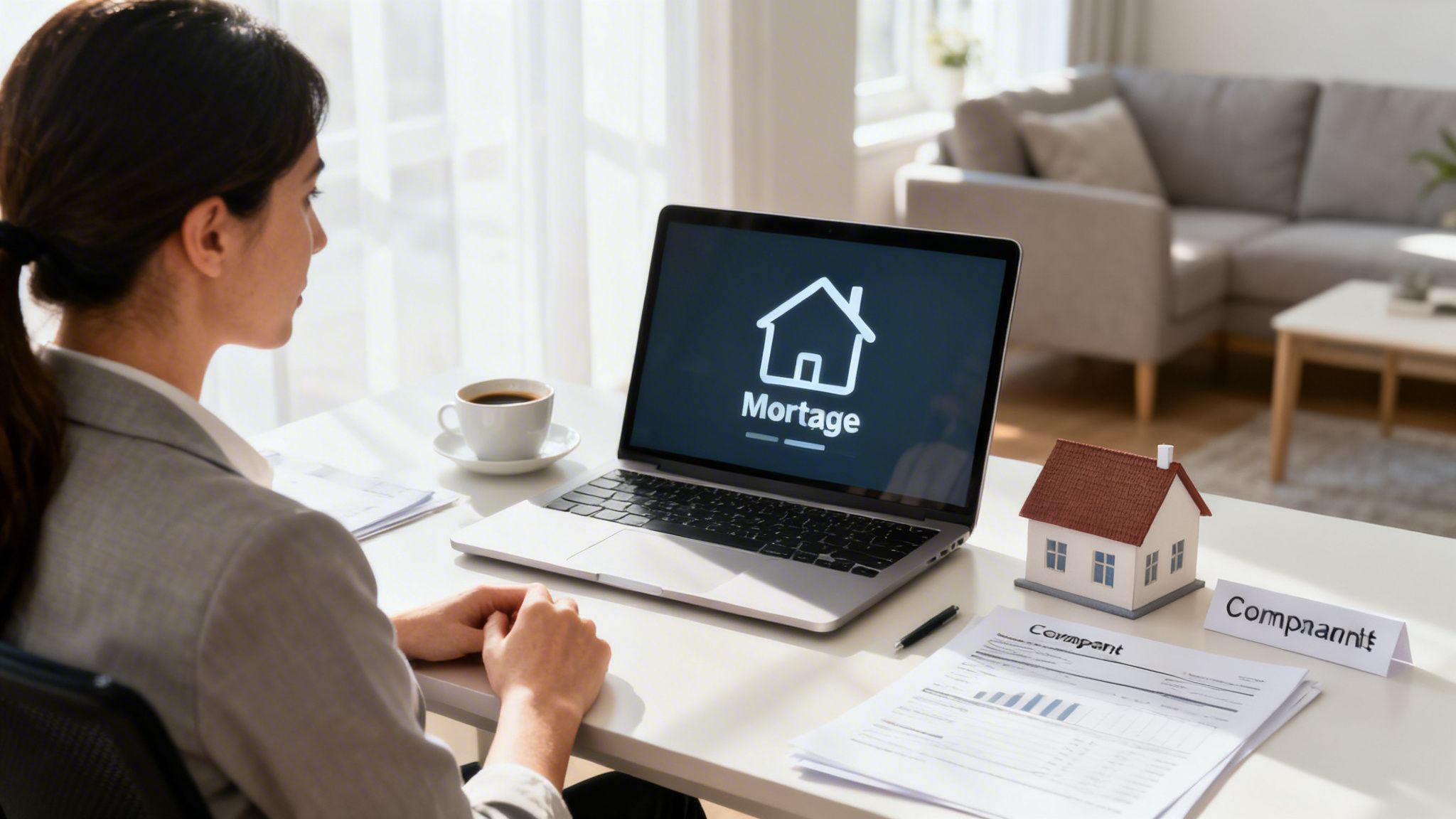 A woman looks at a laptop screen displaying a 'Mortgage' house icon, with documents and a model house on the desk.