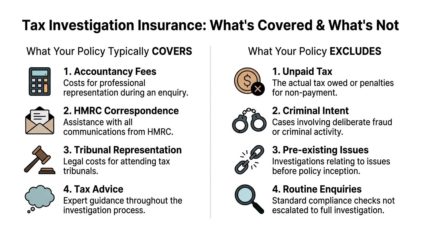 A chart comparing what tax investigation insurance covers and what it specifically excludes for business owners.