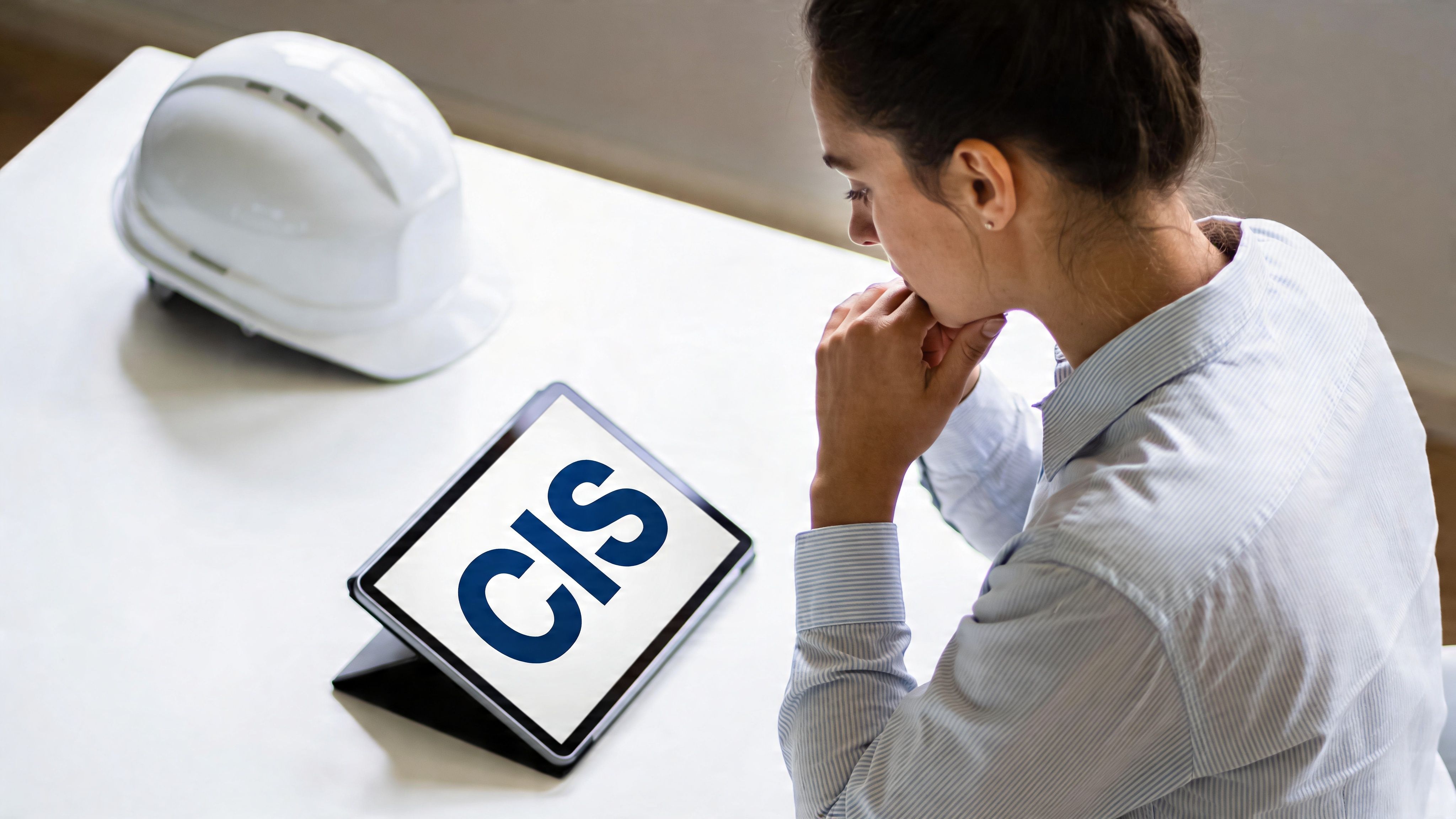 A female construction professional sitting at a desk looking at a tablet screen displaying the CIS acronym.