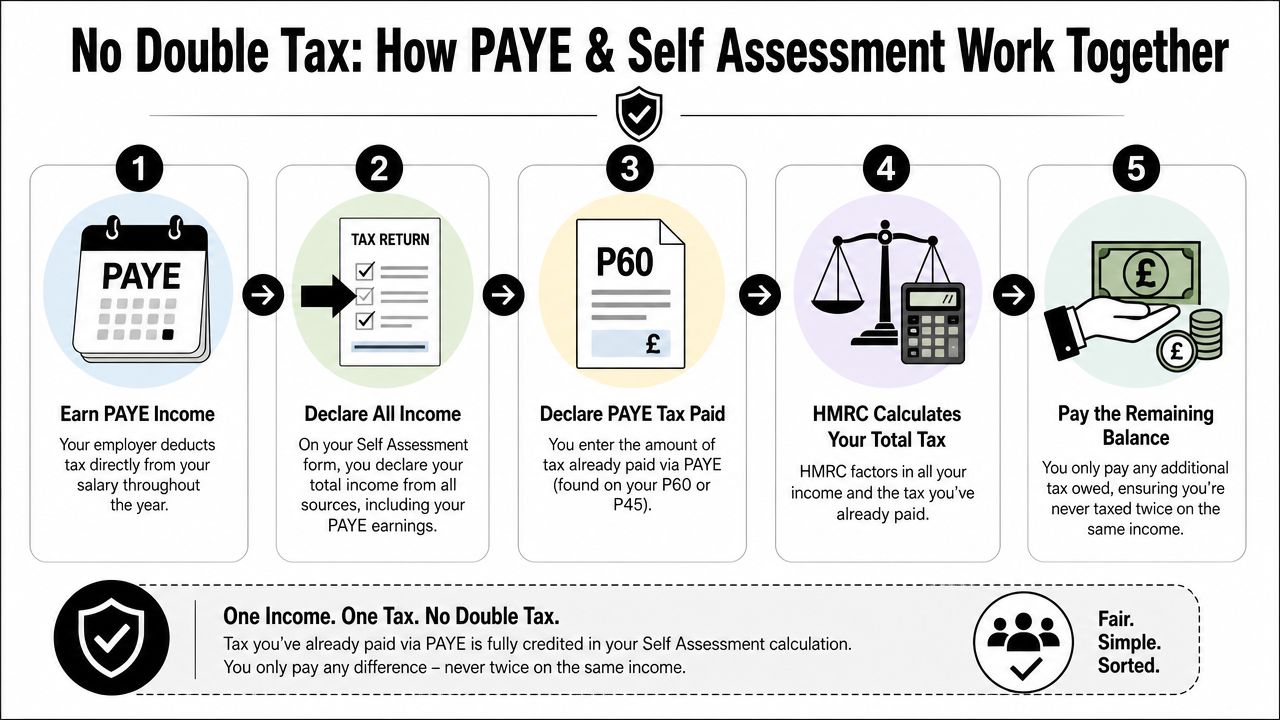 A five-step infographic explaining how PAYE and Self Assessment taxes work together to avoid double taxation.