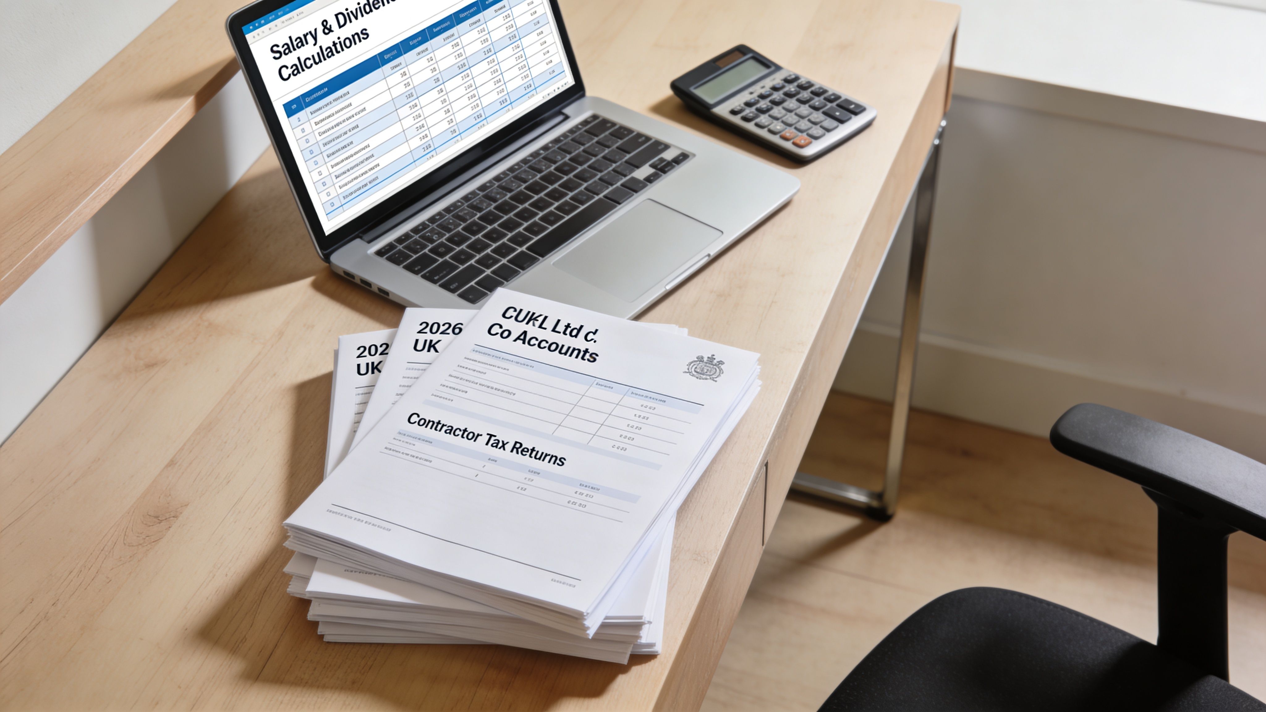 A professional desk setup featuring a laptop with financial calculations and stacks of contractor tax documents.