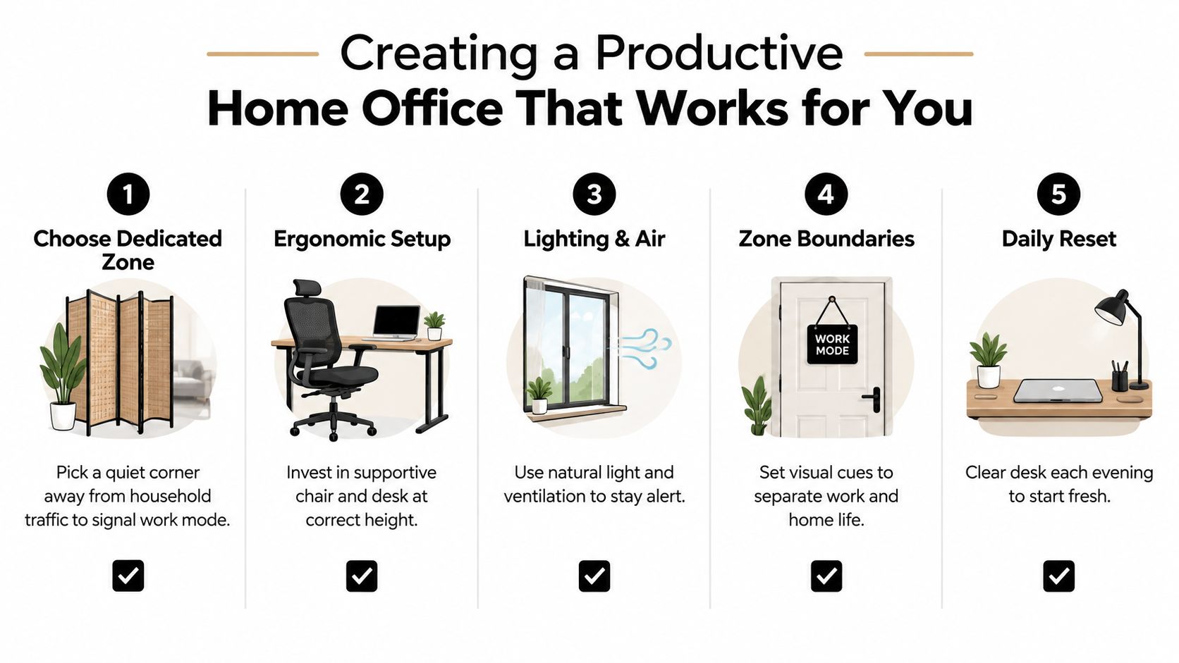 An infographic showing five tips for creating a productive and organized home office workspace environment.