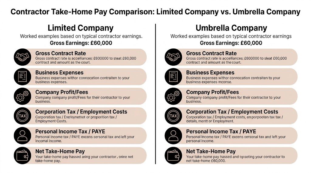 A comparison chart showing take-home pay structures for contractors between Limited Company and Umbrella Company entities.