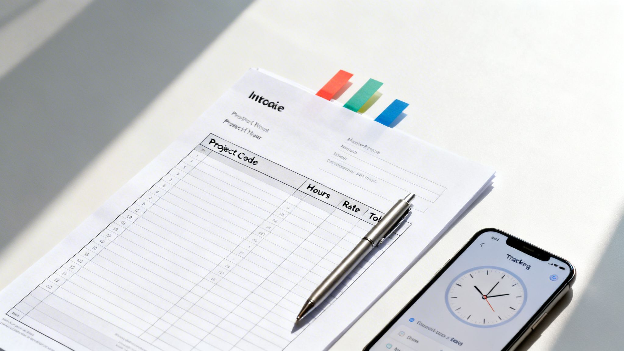 Close-up of a contractor's invoice or timesheet, pen, and smartphone tracking app on a clean desk.