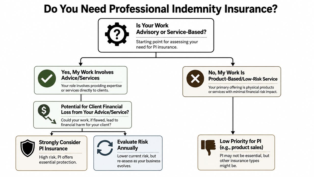 A flowchart explaining how to determine if your business requires professional indemnity insurance based on risk.