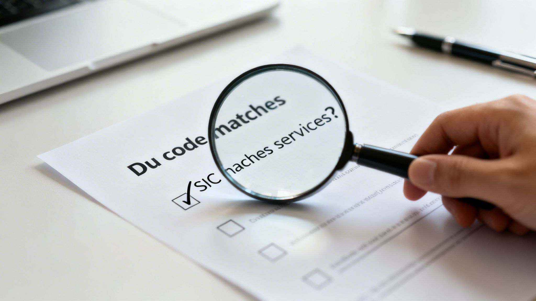 Close-up of a magnifying glass over a document, checking 'SIC naches services?' with a checked box.