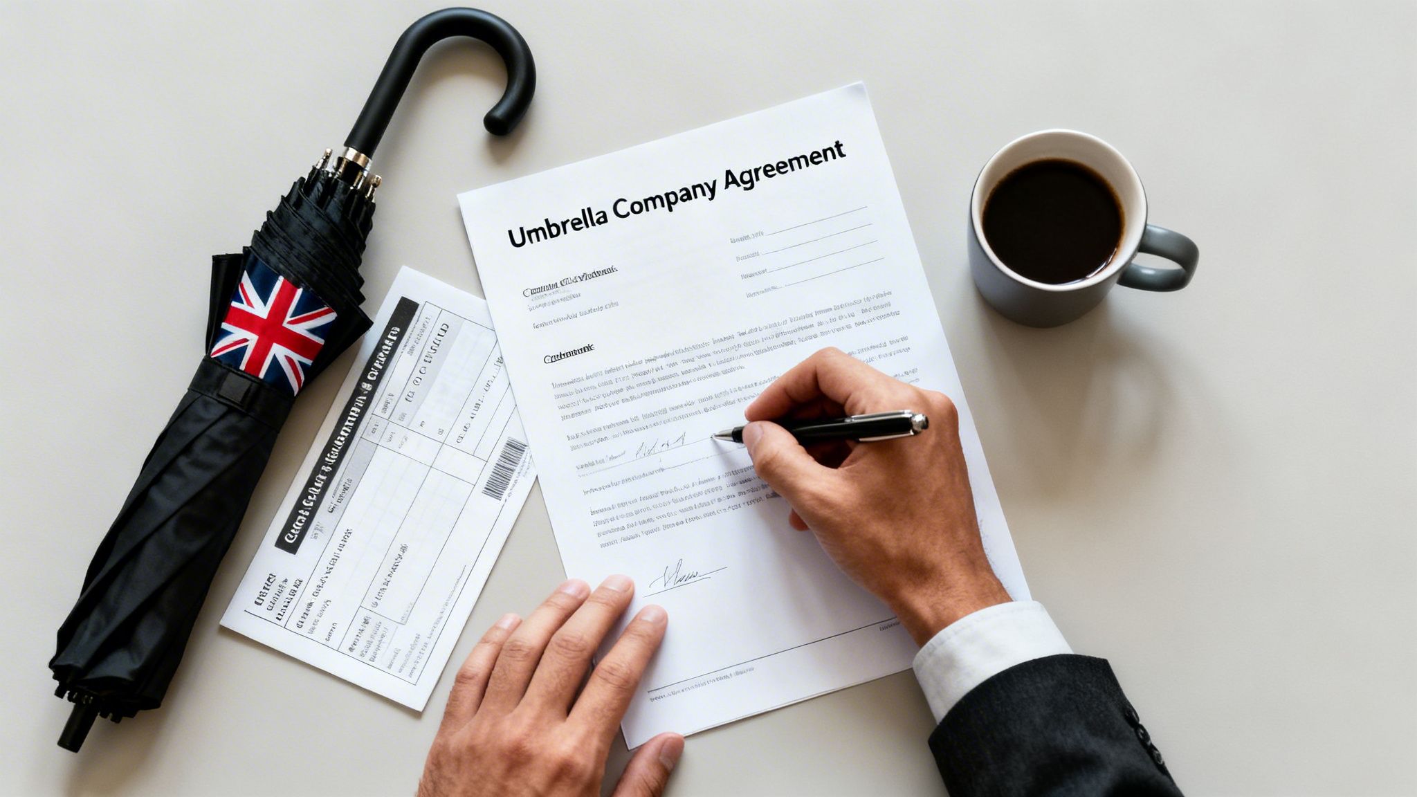 A person signs an 'Umbrella Company Agreement' document on a desk next to an umbrella with a UK flag and a coffee cup.