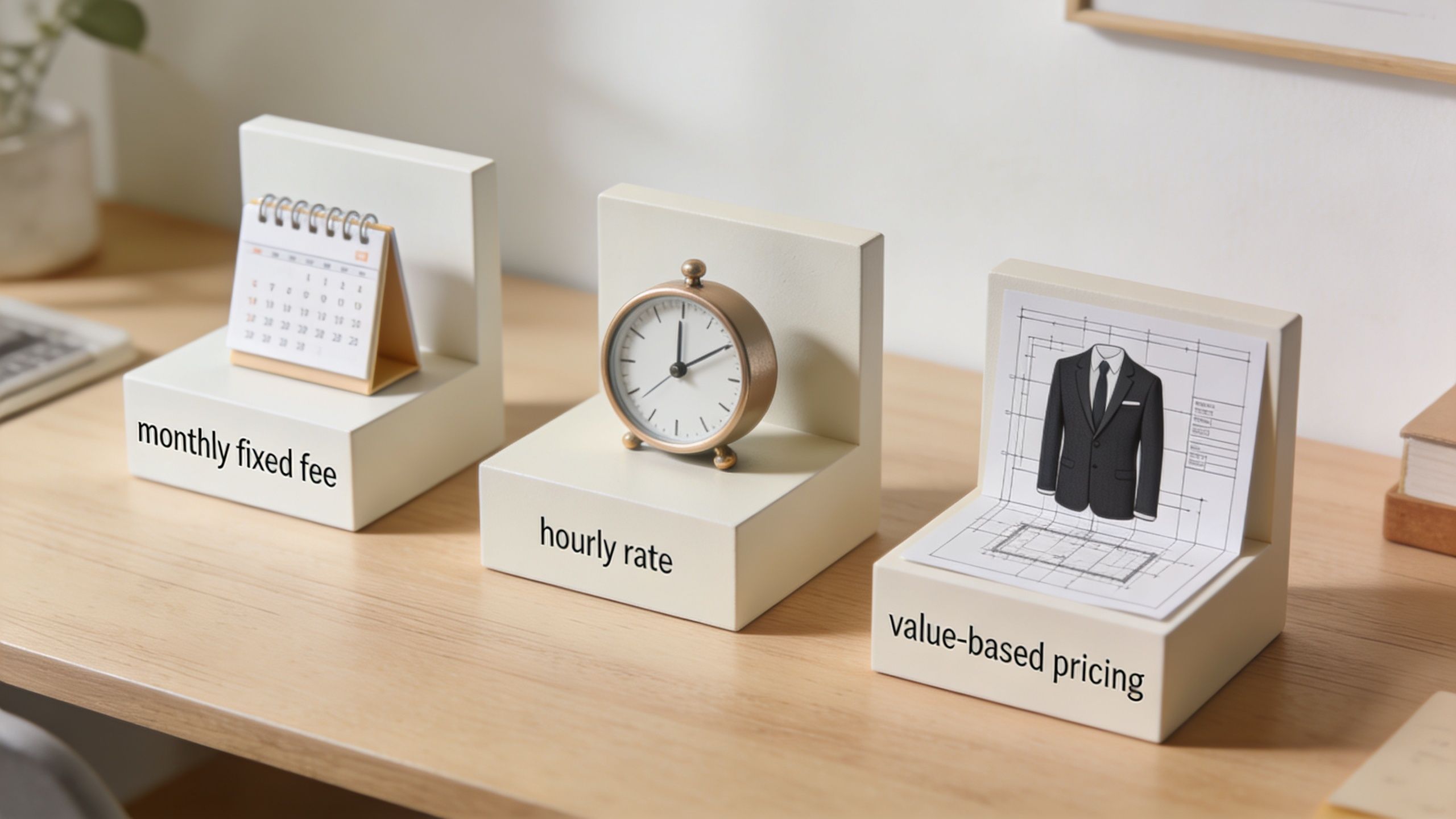 Three white stands on a wooden desk showing concepts of monthly fixed fee, hourly rate, and value-based pricing.