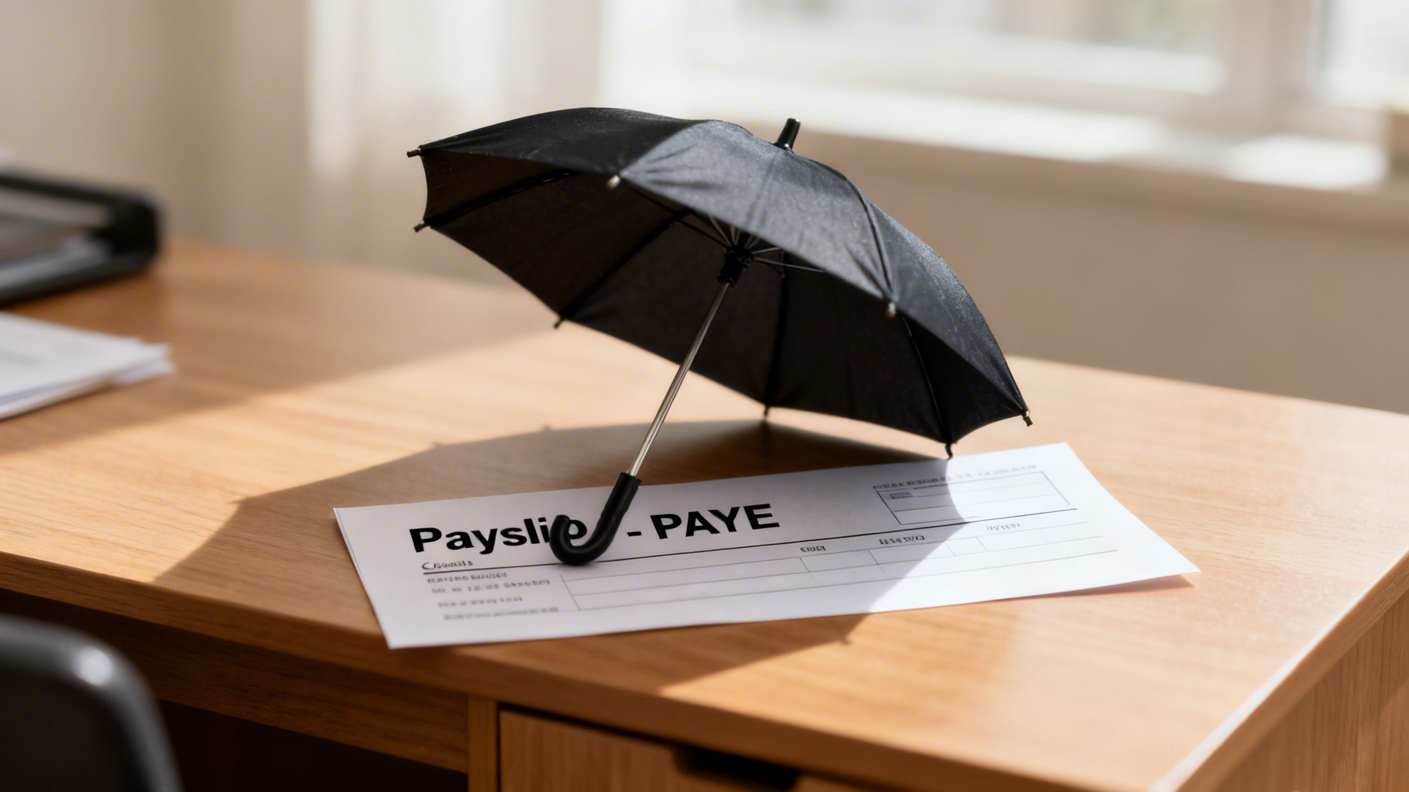 A small black umbrella stands on a payslip document on a wooden desk, symbolizing financial protection.
