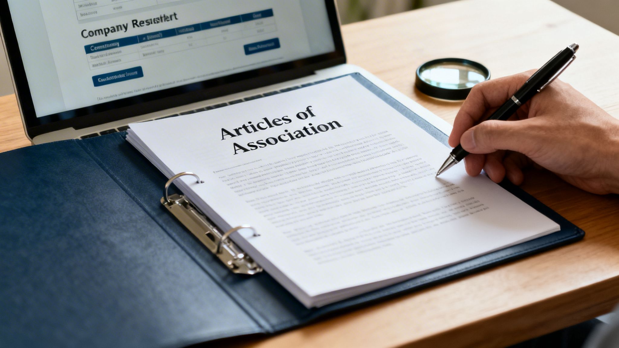 A hand signs 'Articles of Association' document on a desk, with a laptop showing company registration.