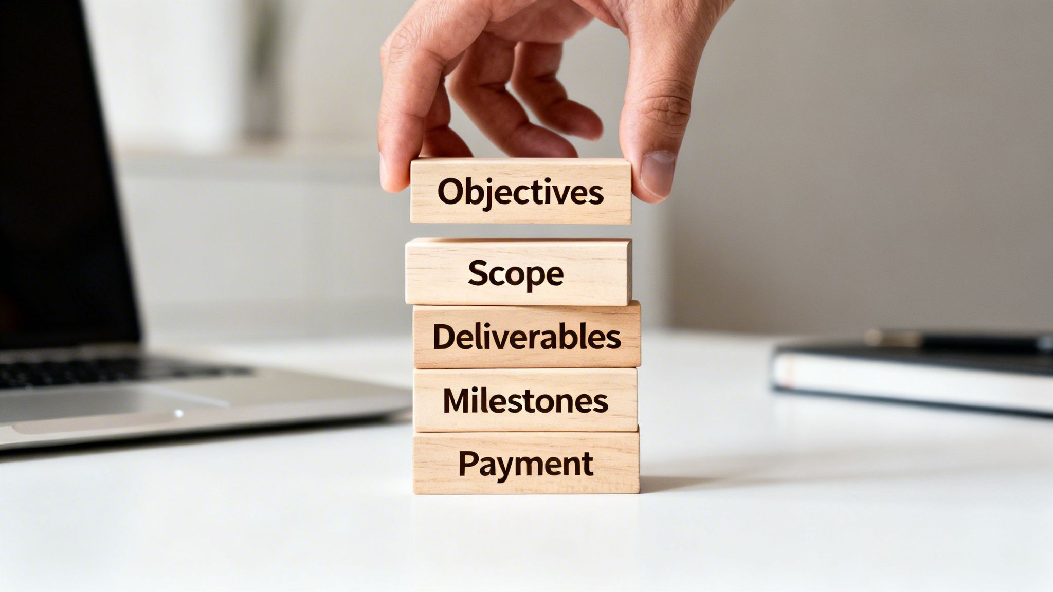 Hand placing an 'Objectives' block on a stack of project planning blocks like Scope, Deliverables, Milestones, Payment.