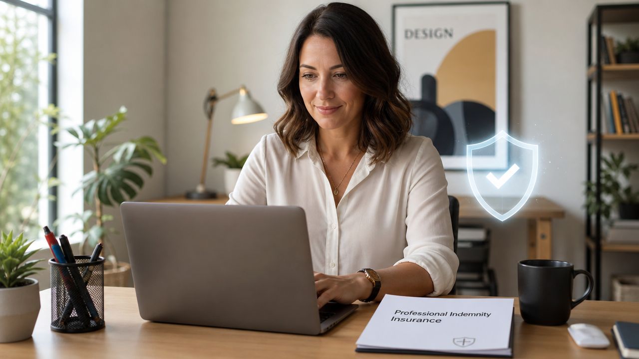 A professional woman working on her laptop in a home office with insurance documentation on the desk.
