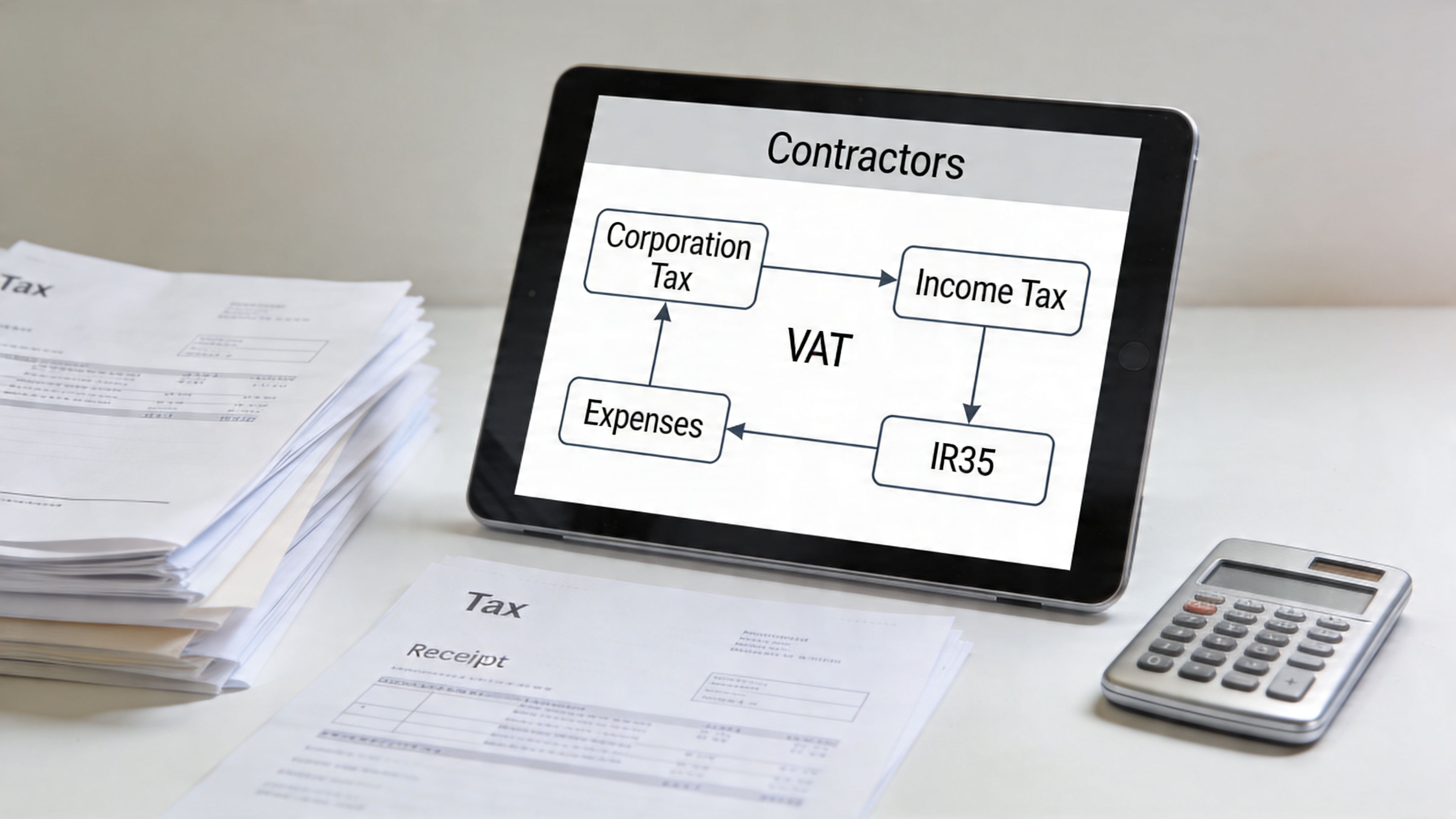 A tablet displaying a tax cycle diagram for contractors alongside financial documents and a calculator on a desk.