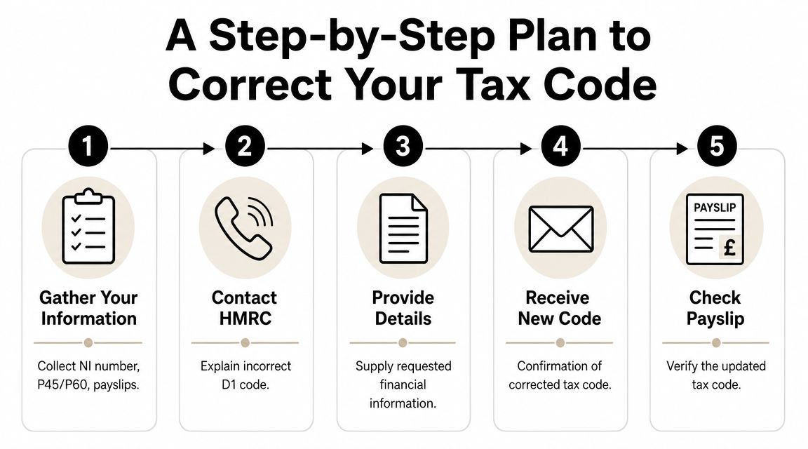 A step-by-step infographic on how to correct an incorrect D1 tax code with HMRC.