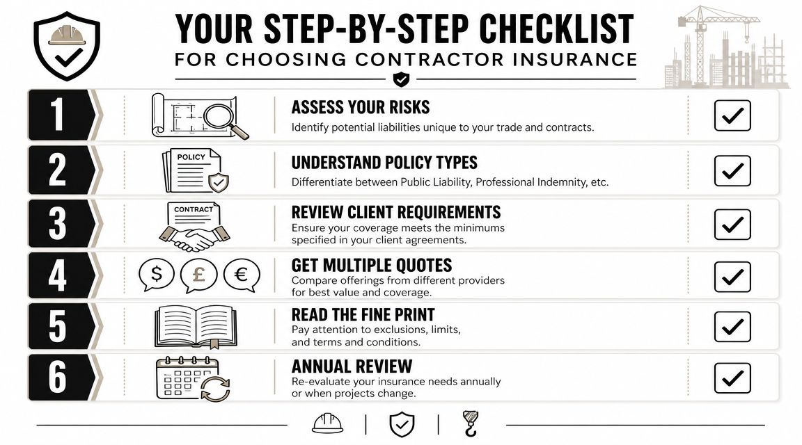 A six-step checklist for contractors to follow when selecting appropriate business insurance coverage and policies.