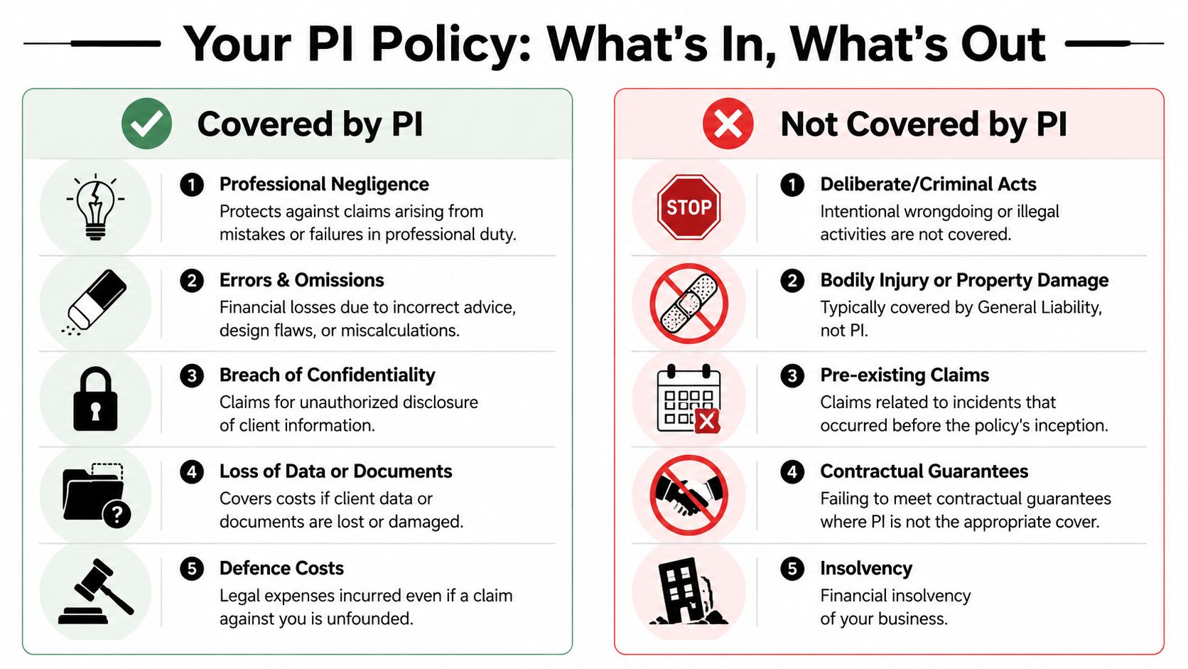 An infographic showing what is covered and not covered by professional indemnity insurance for business owners.