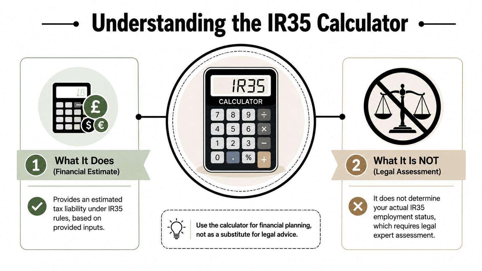 An infographic explaining that an IR35 calculator provides financial estimates but not legal employment status assessments.