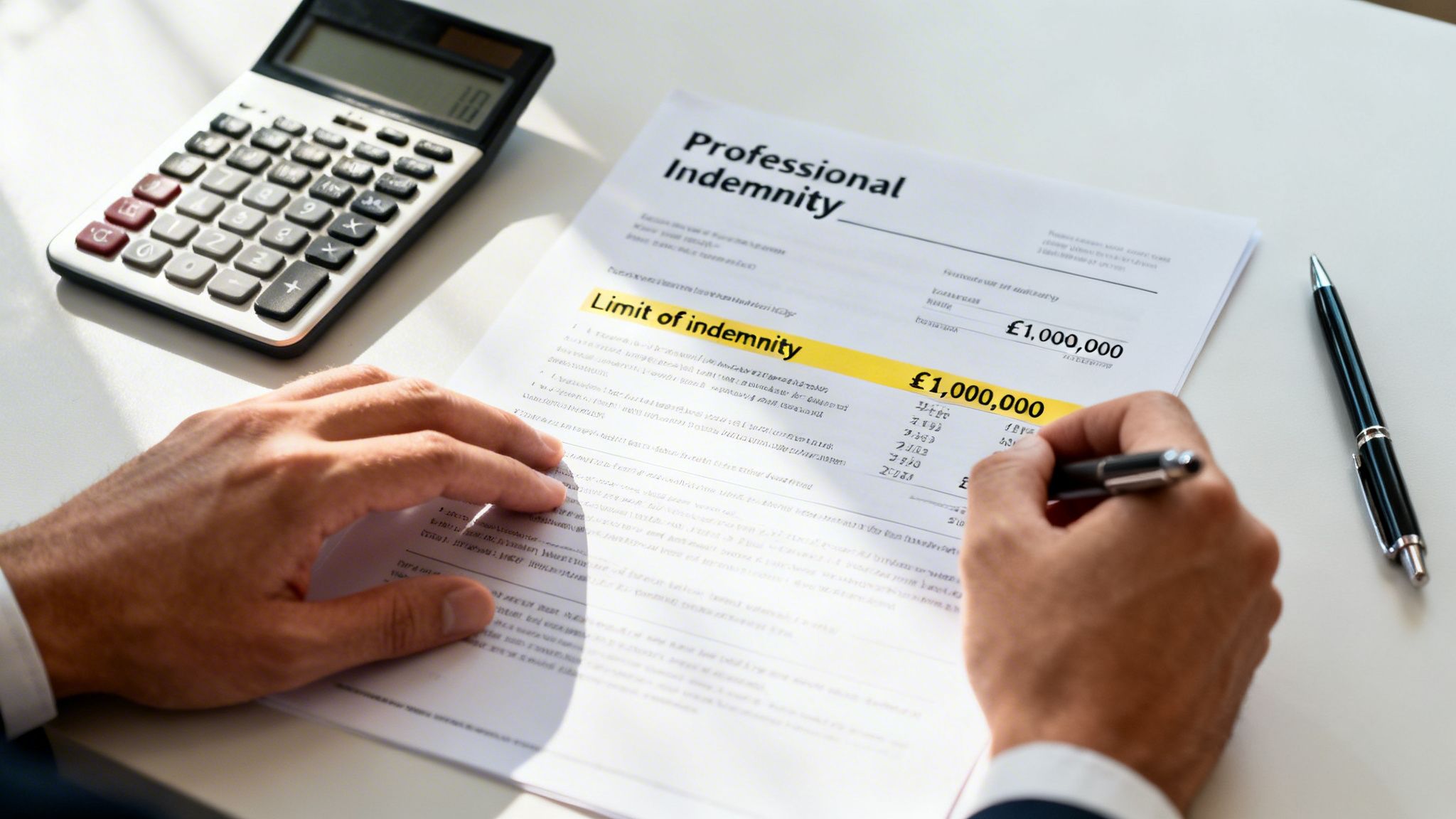 A person reviews a "Professional Indemnity" insurance document with a calculator, showing a £1,000,000 indemnity limit.
