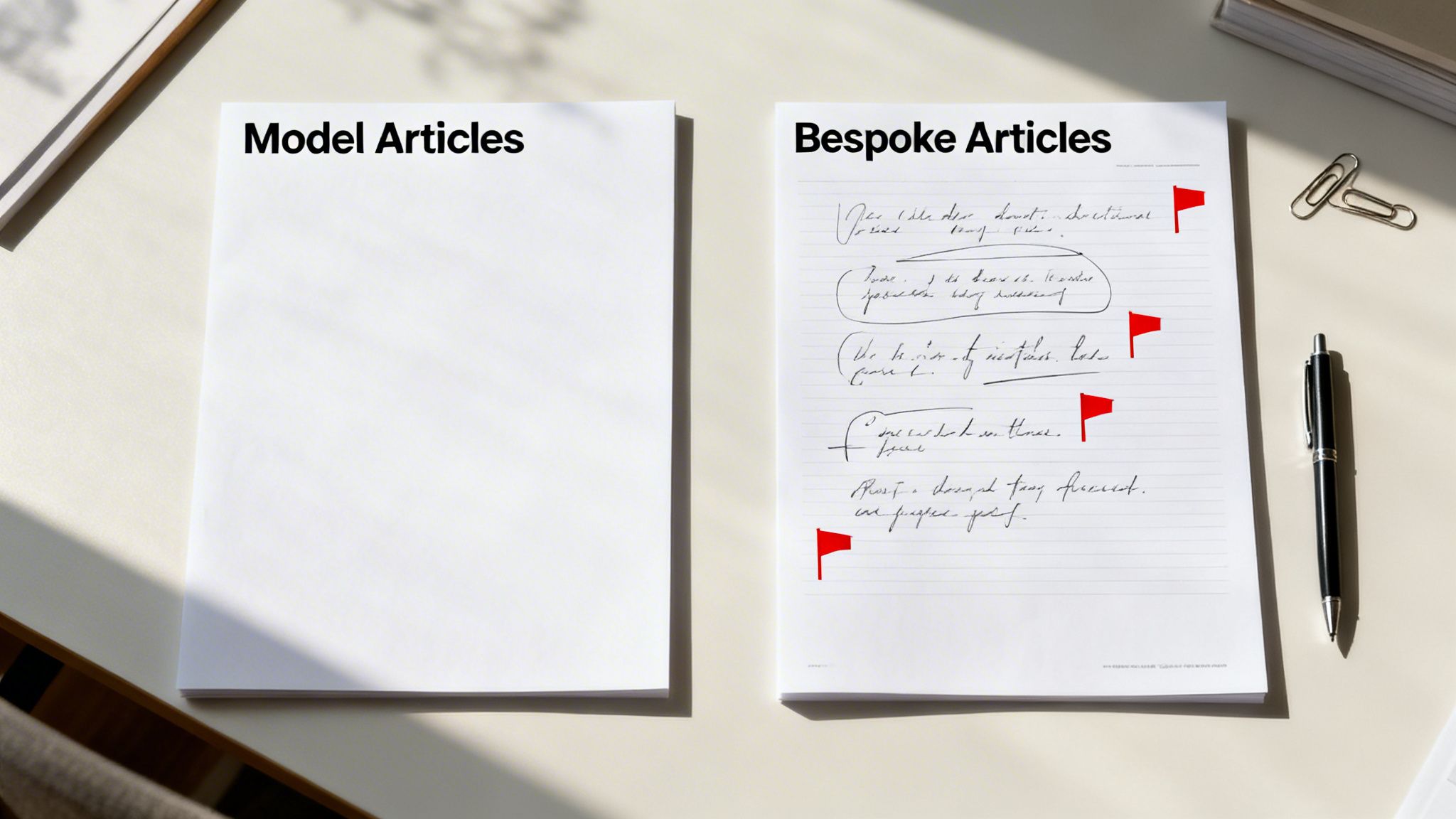 Two stacks of documents on a desk, one labeled 'Model Articles' and the other 'Bespoke Articles' with handwritten notes and red flags.