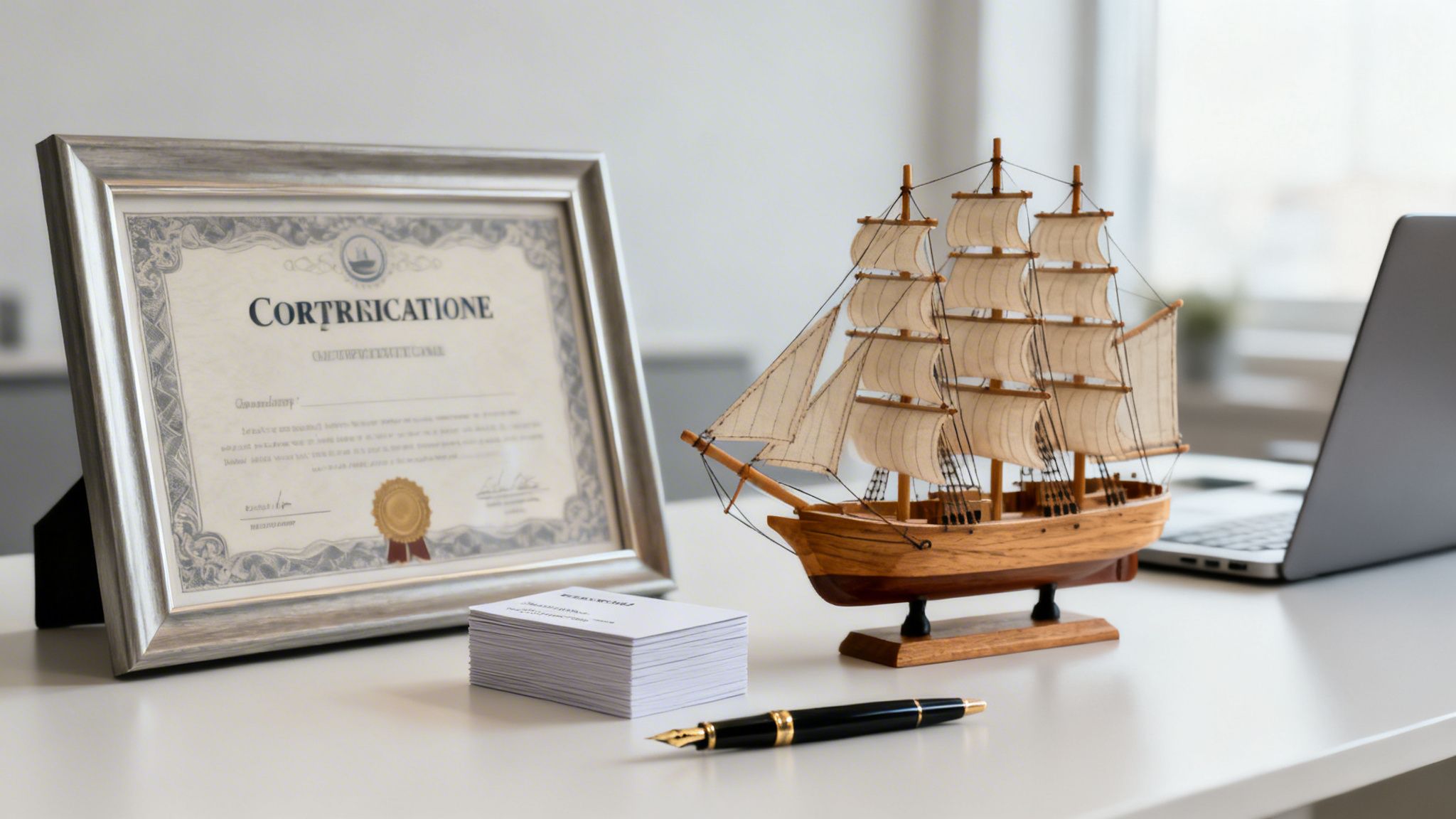 A detailed office desk setup with a framed certificate, a model ship, business cards, a fountain pen, and a laptop.
