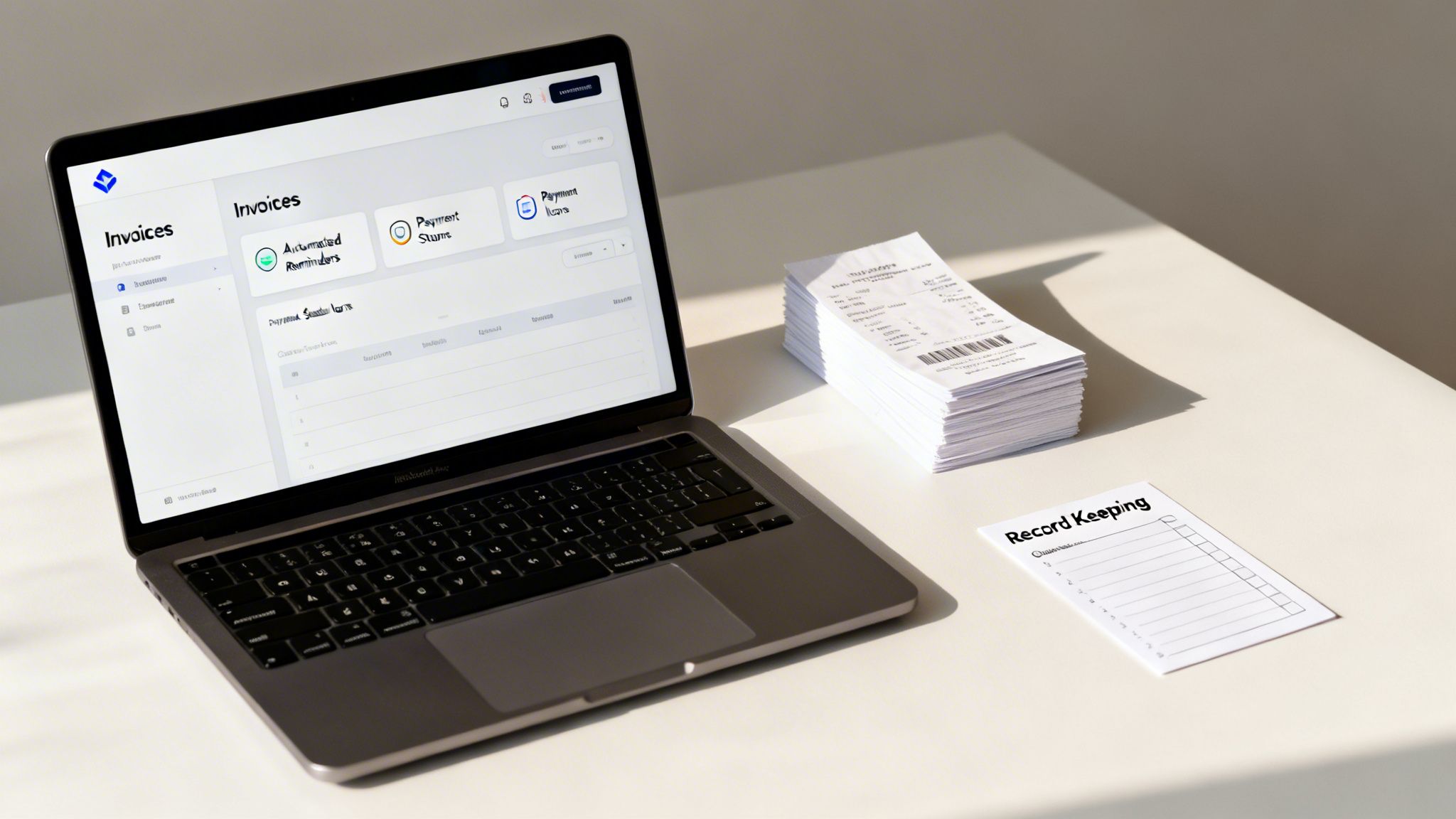 A laptop displaying an invoice management system sits next to stacked paper receipts and a record-keeping card.