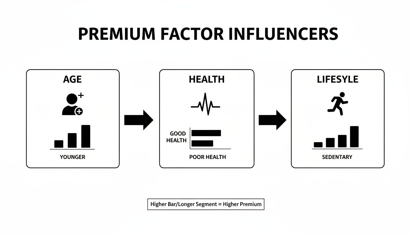 Diagram showing age, health, and lifestyle as premium factor influencers, with higher bars indicating higher premiums.