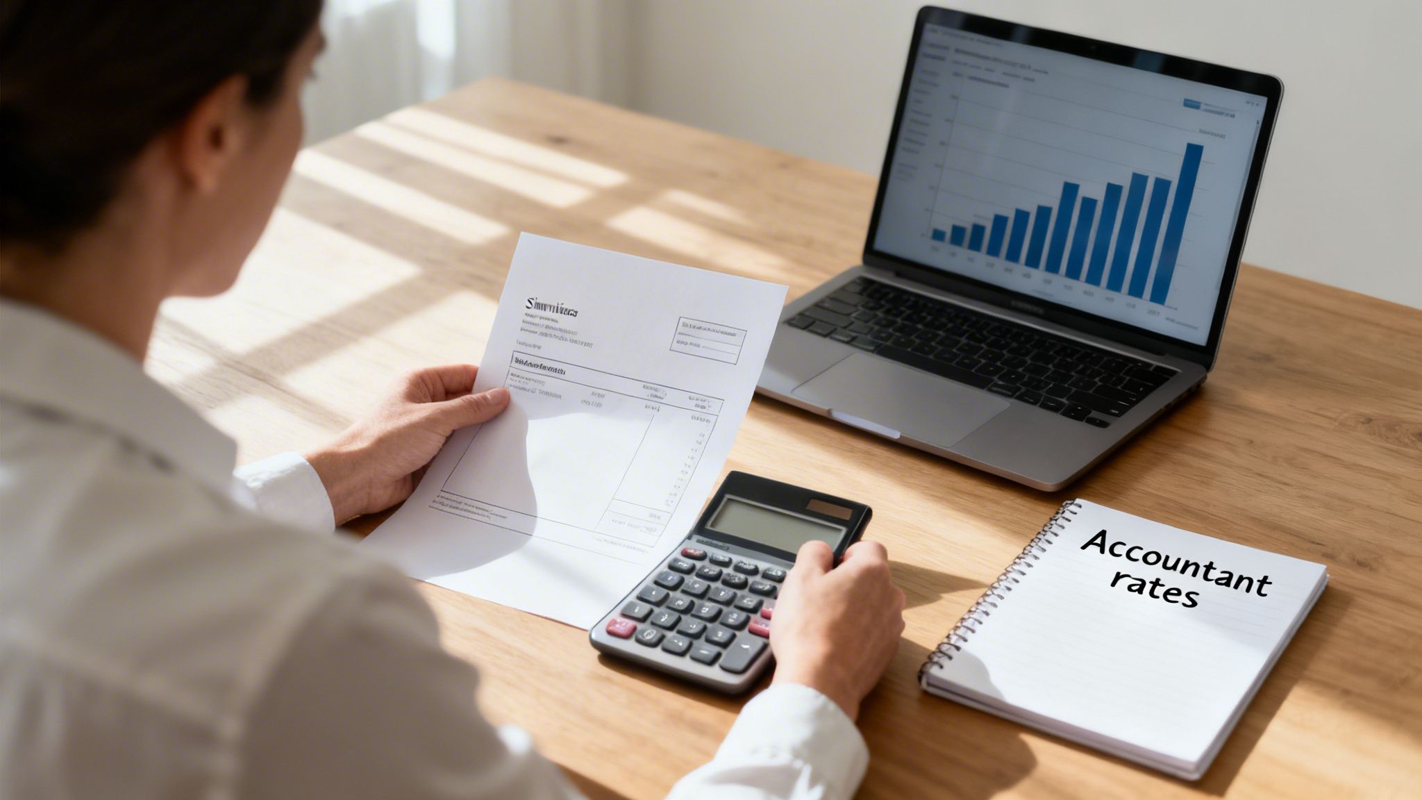 Person reviewing an invoice, using a calculator, with a laptop showing financial charts on a desk.