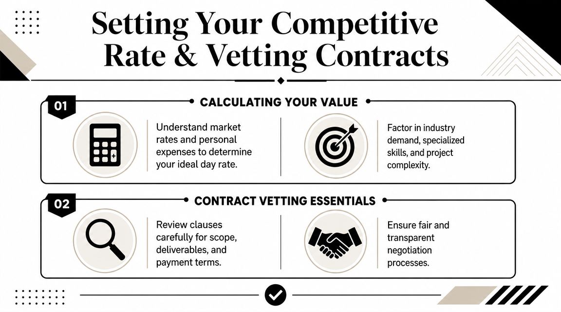 A professional infographic titled Setting Your Competitive Rate and Vetting Contracts, outlining steps for freelancers.