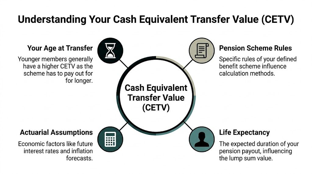 A diagram illustrating the four key factors that influence your Cash Equivalent Transfer Value in pension schemes.