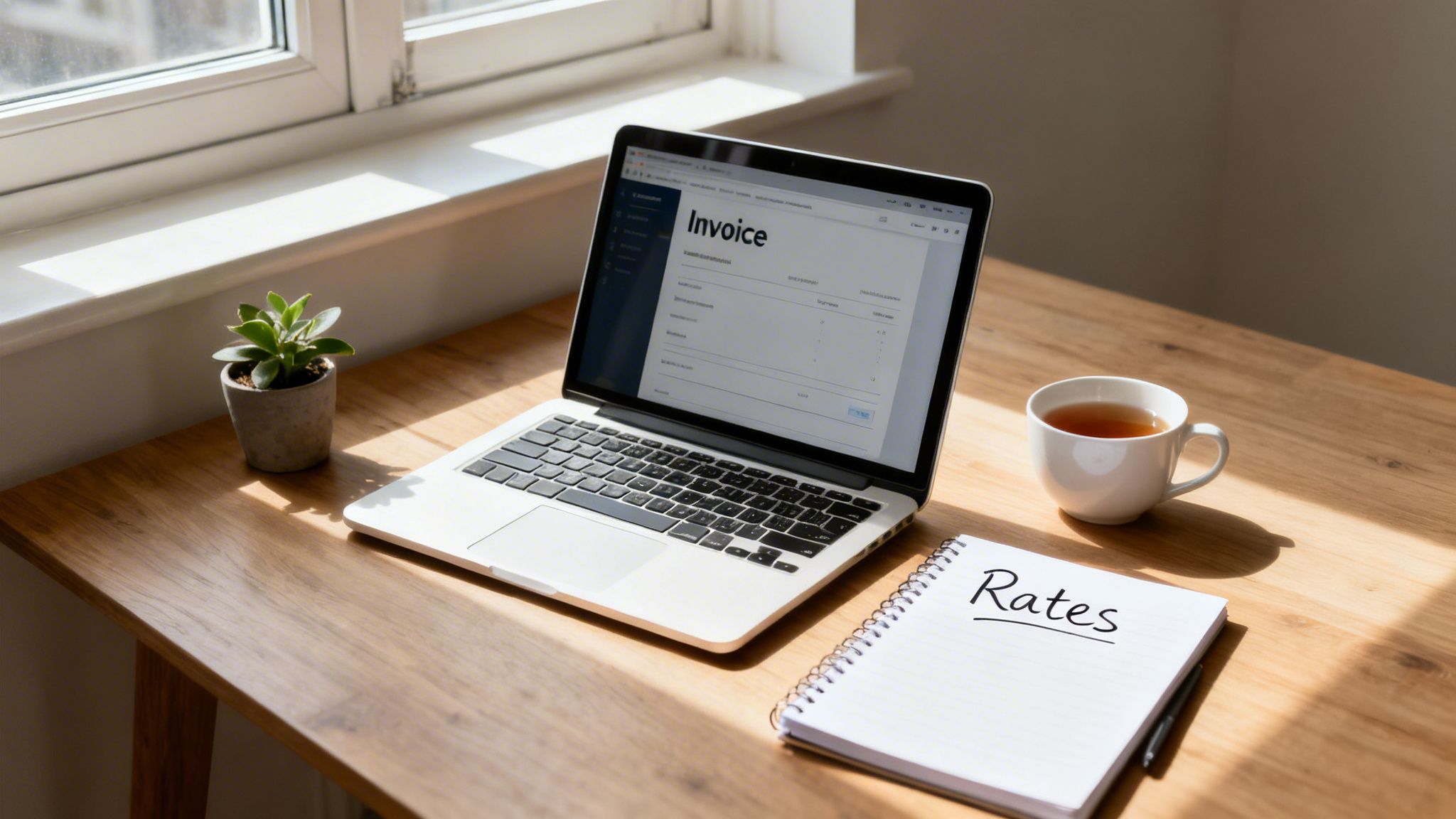 A laptop displaying an invoice on a wooden desk with a plant, tea, and a notebook with 'Rates'.