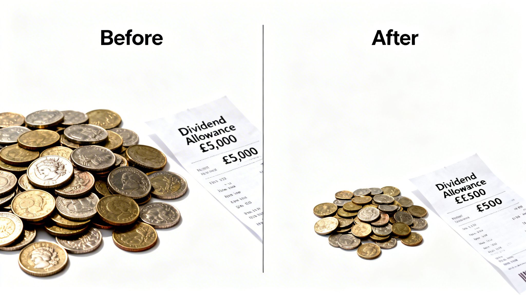 A before and after image showing UK dividend allowance decreasing from £5,000 to £500, with coins.