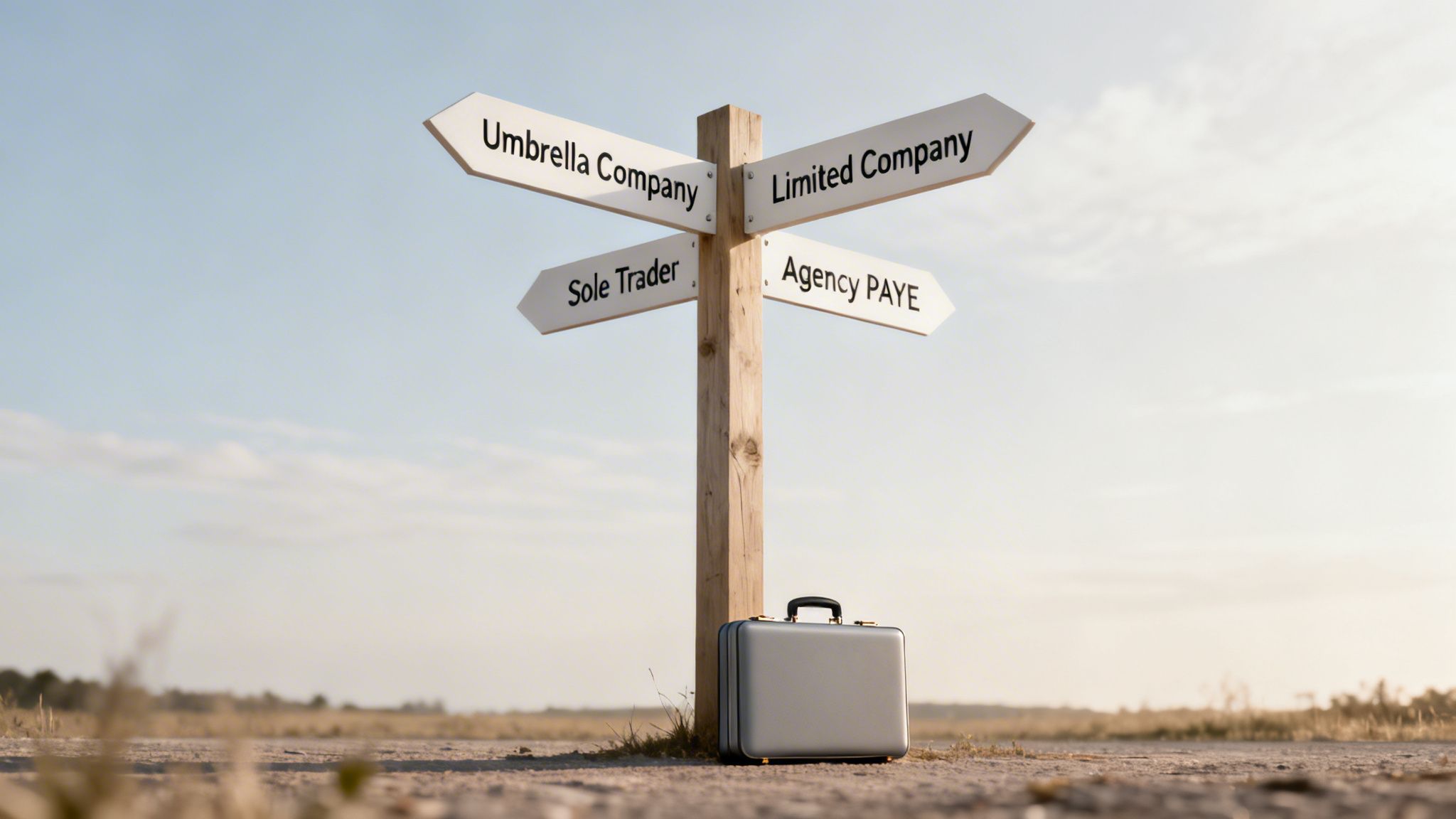 A business briefcase rests at a signpost offering various company types under a clear sky.