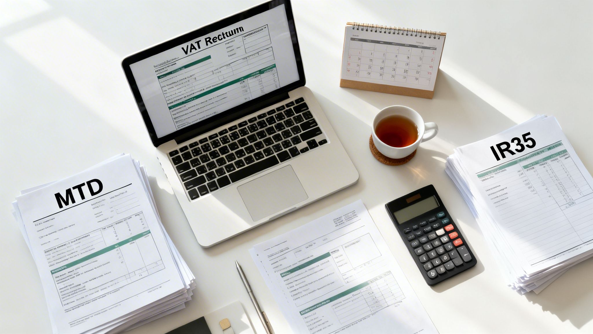 Overhead view of a modern desk with a laptop displaying a VAT return, MTD and IR35 tax forms, a calculator, calendar, and a cup of tea.