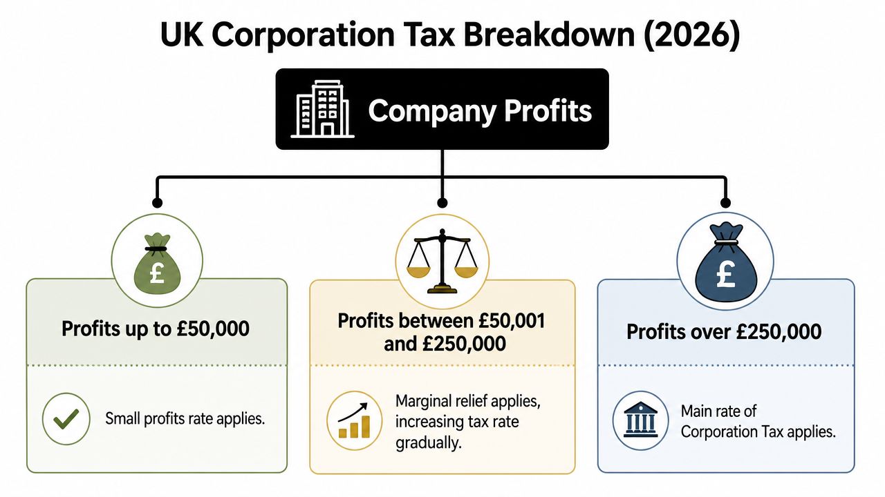 A diagram outlining the UK Corporation Tax rates for different levels of company profits in 2026.